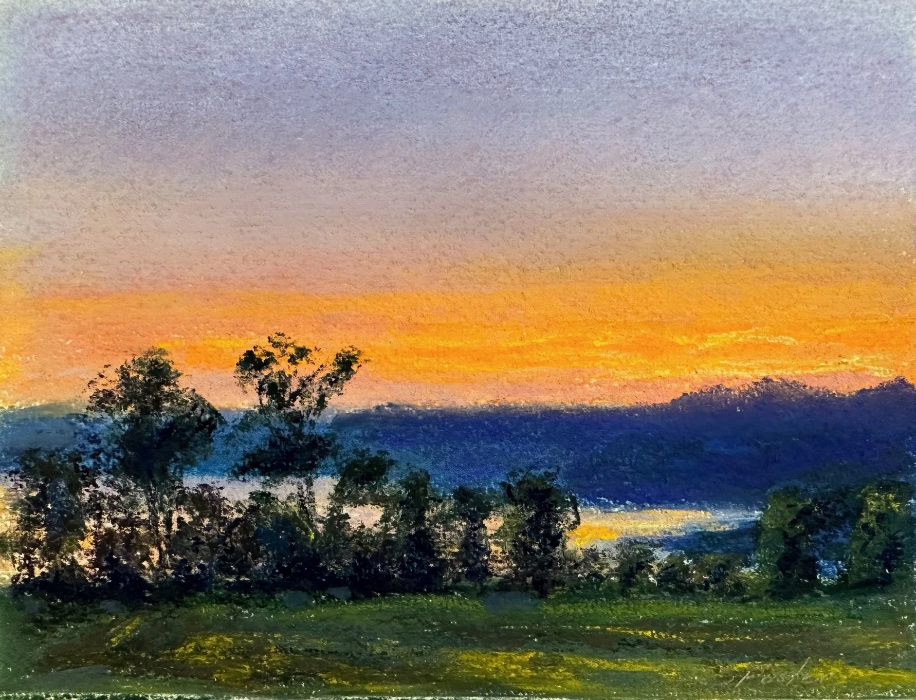 Oil painting of a sunset over a landscape with trees in the foreground and hills in the background, with vibrant colors in the sky.