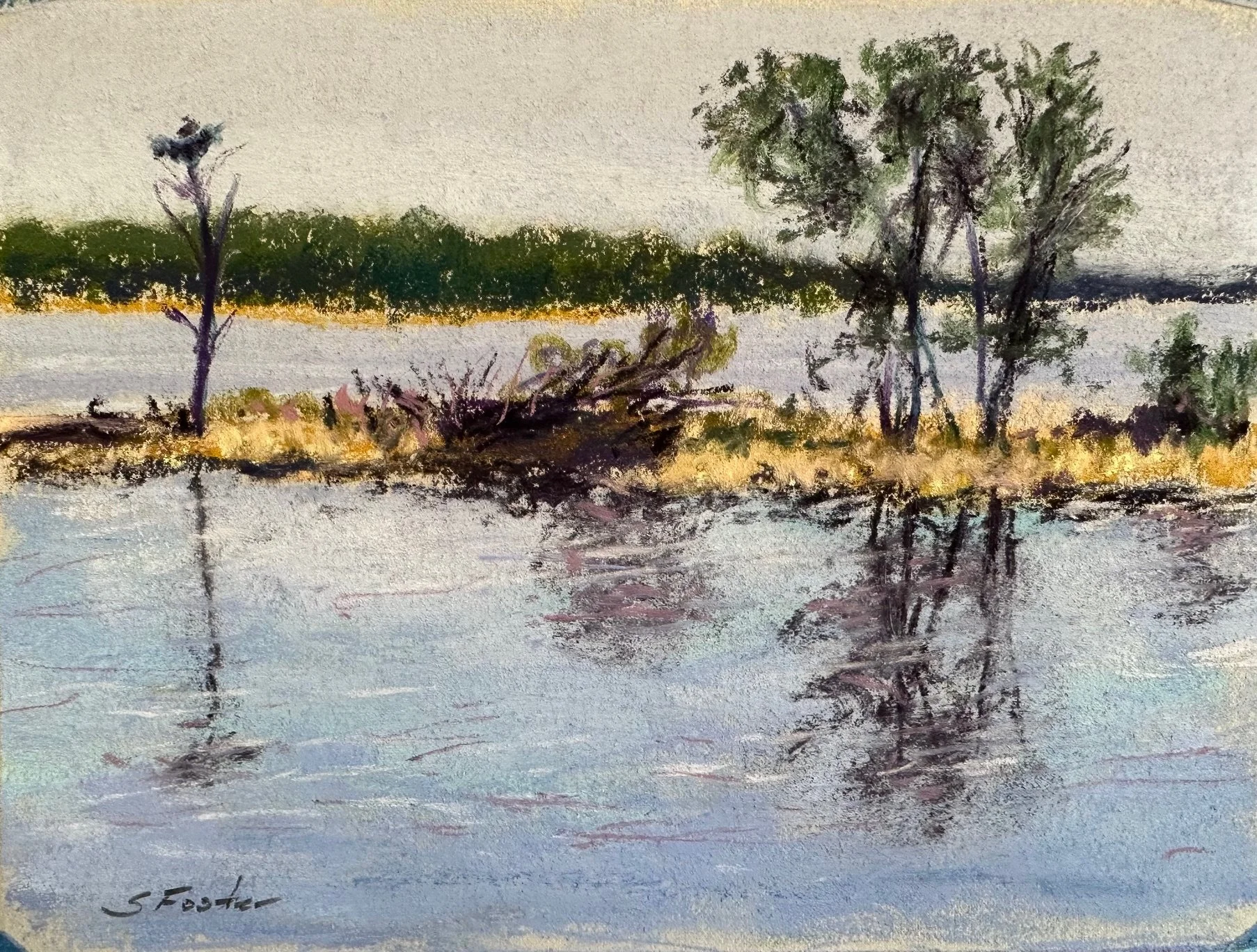 A watercolor painting of a riverside scene at sunset or sunrise, featuring trees reflecting on calm water with a distant horizon and light sky.