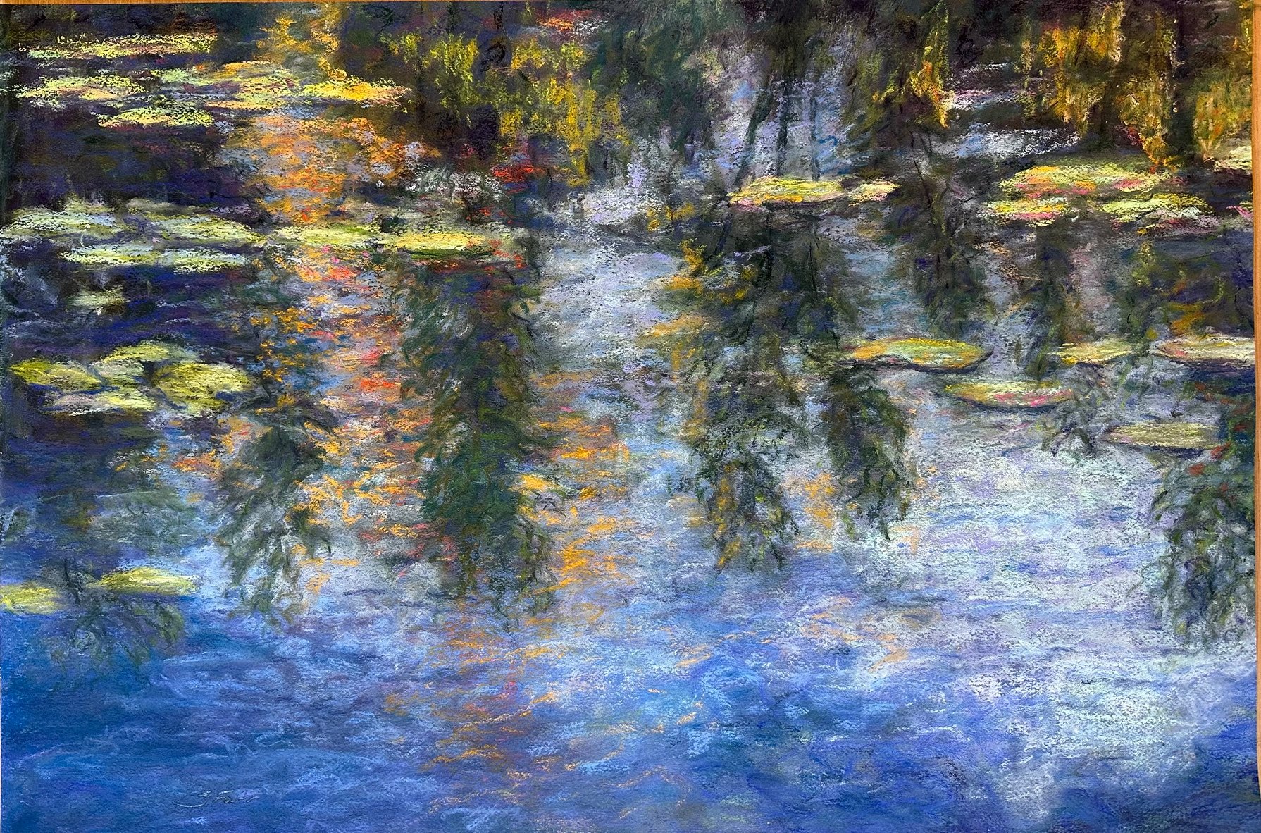 An impressionist painting of a pond with floating lily pads and overhanging trees, reflecting the sky and foliage in water.