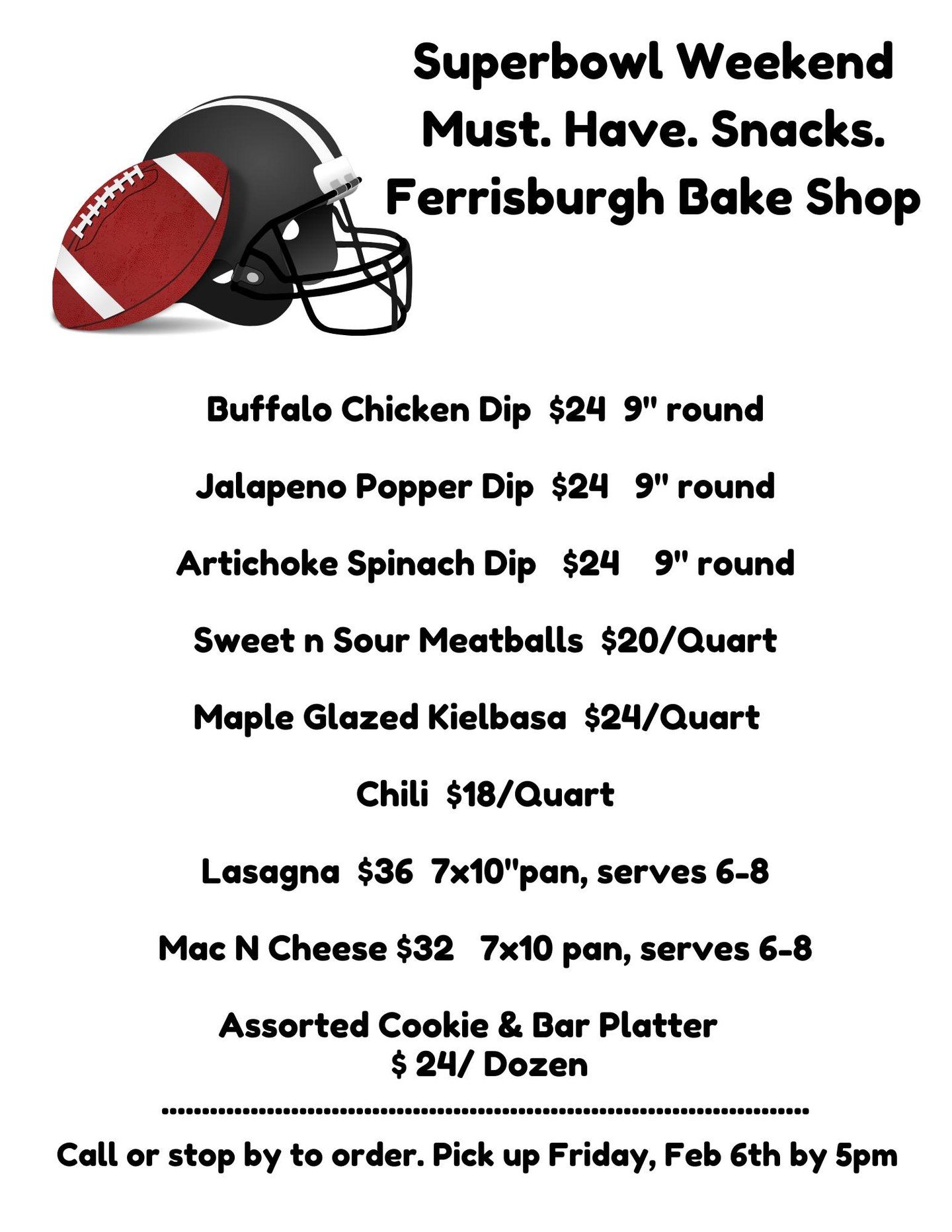 We're ready for the next "holiday"! 

🏈 🏈 🏈 🏈 🏈
 
Whether you are home team or visiting, we'll make the food and you focus on the game. Call us or stop in to order. 

#superbowl26 #football #hosting #eatgoodfood #ferrisburghvt