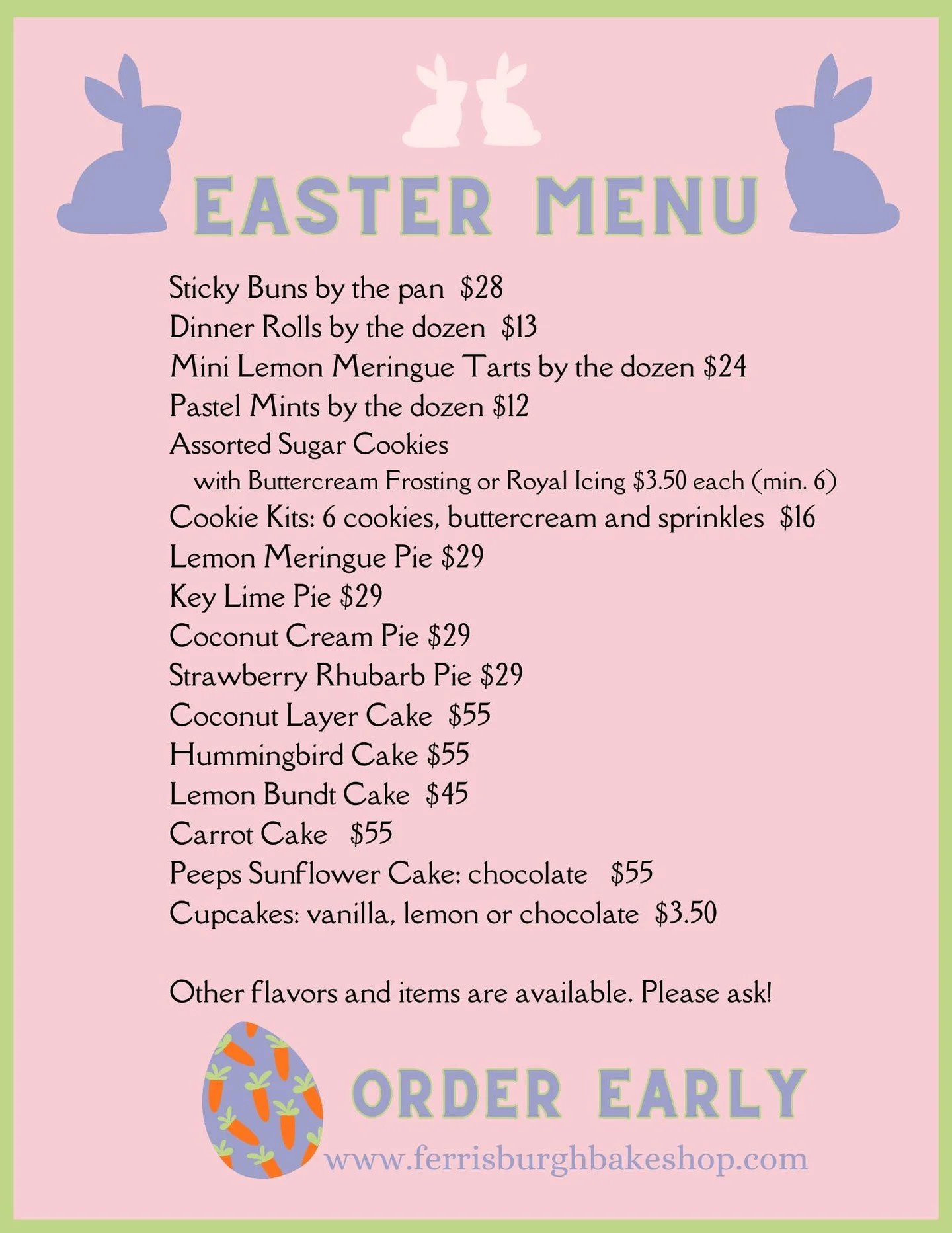 Less than a month until the Easter Bunny comes by. 
Get ahead and order your Easter treats! 

We will of course have lots of treats in the shop that week but if you want to be sure you have your favorites for Easter Brunch, pre-order!