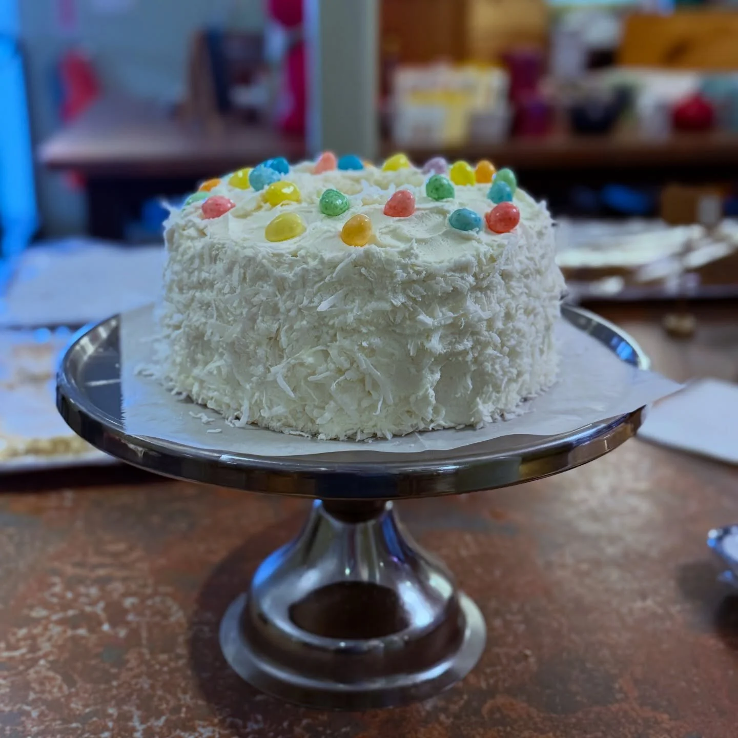 The promise of spring! 

Impress your guests for Easter. Still time to order or just come get this cake now! 

White cake, raspberry filling, buttercream and coconut!