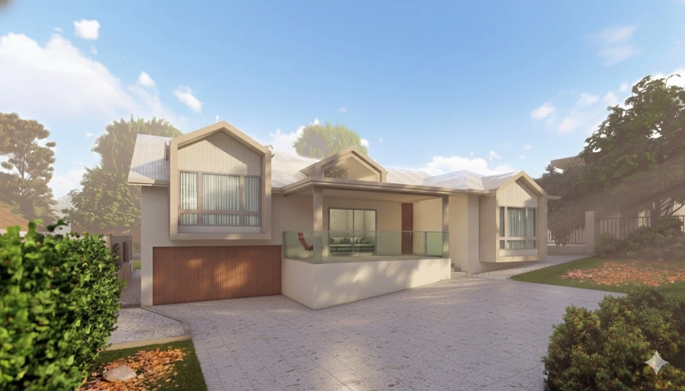 3D render of modern coastal exterior renovation in Caringbah South with Surfmist roof and timber battens