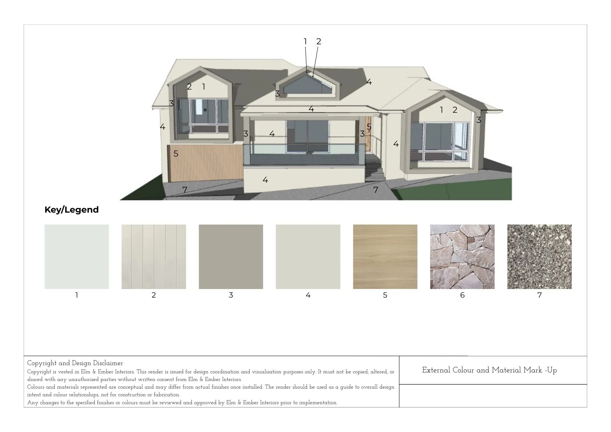 CDC colour and material schedule for Caringbah South exterior renovation showing roof, render and cladding selections