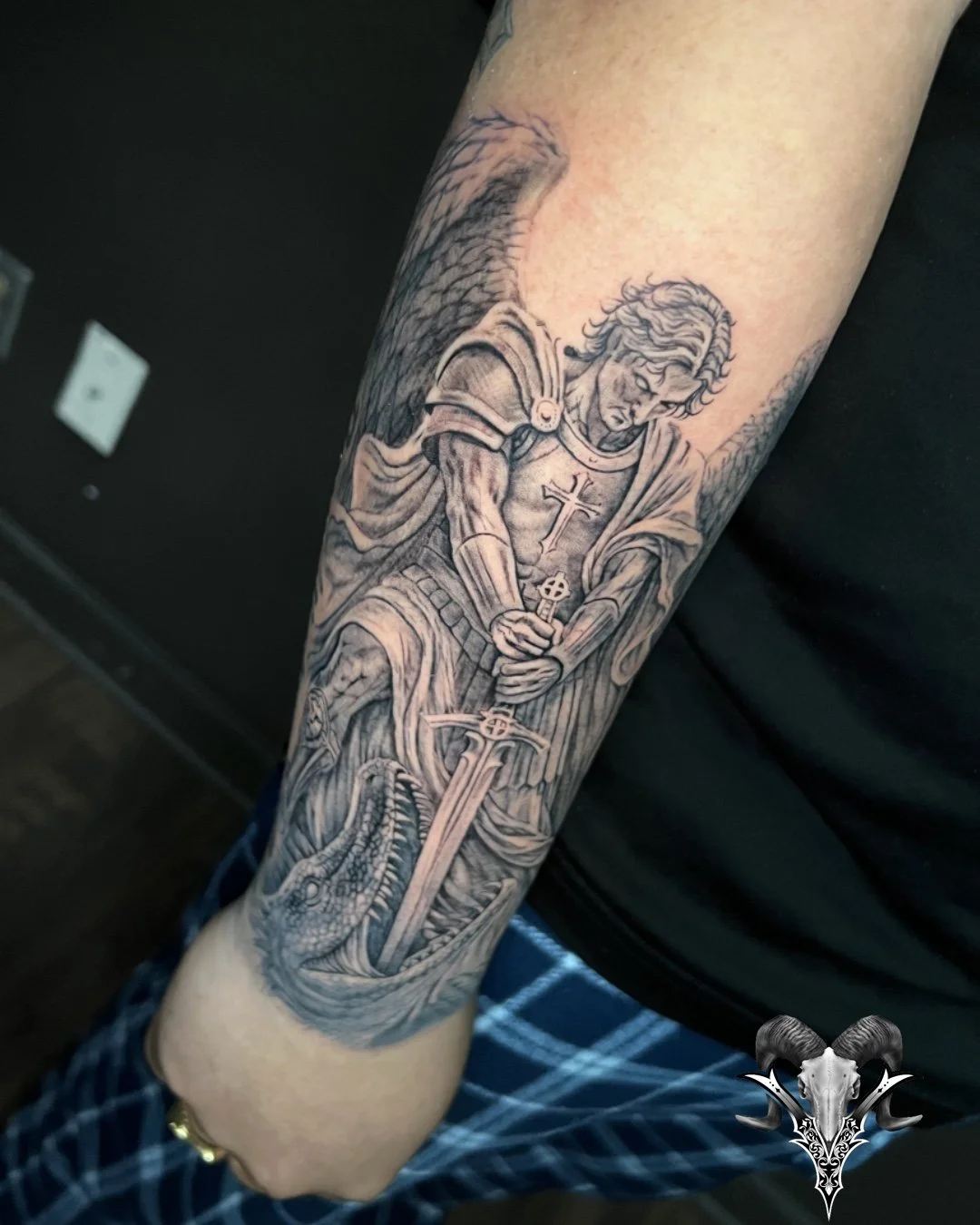 Saint Michael with sword and serpent black and grey tattoo by Mi Vida Tattoos