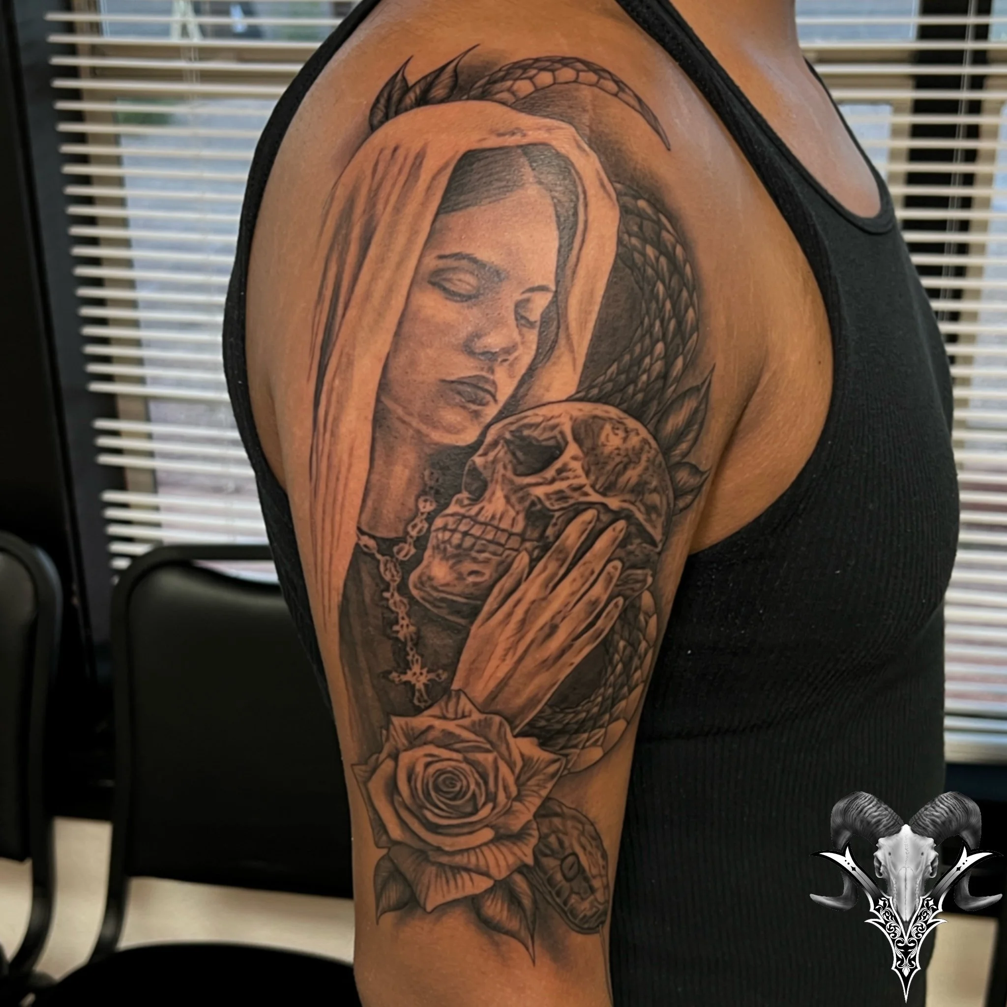Black and grey veiled portrait tattoo with a skull, snake and rose by Mi Vida Tattoos