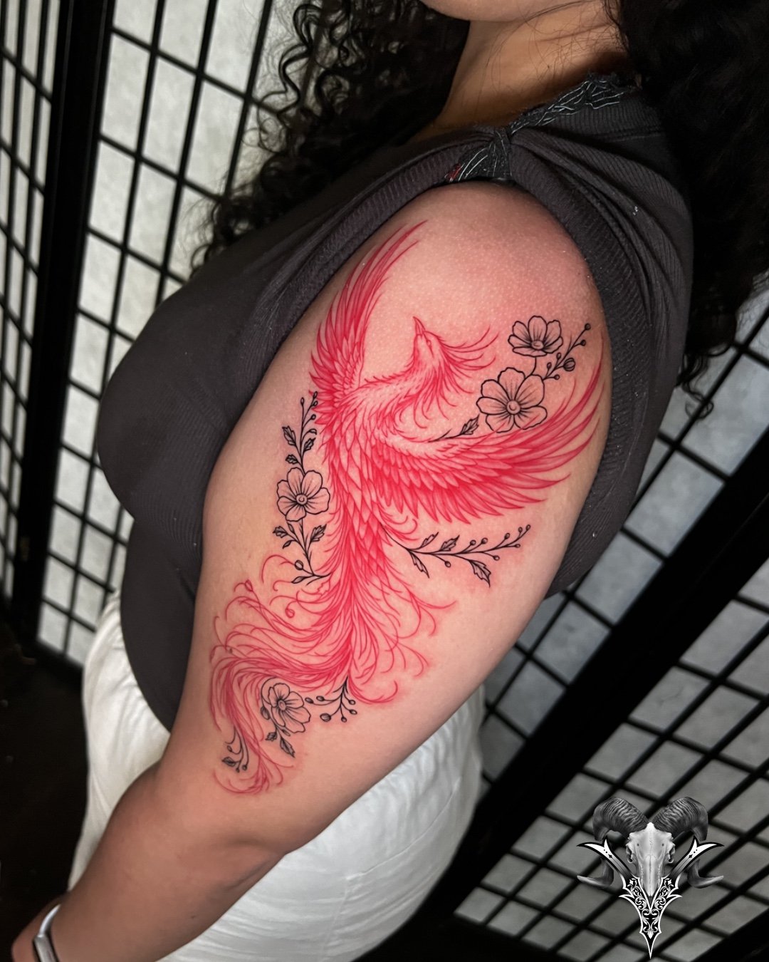 Red phoenix linework tattoo by Mi Vida Tattoos