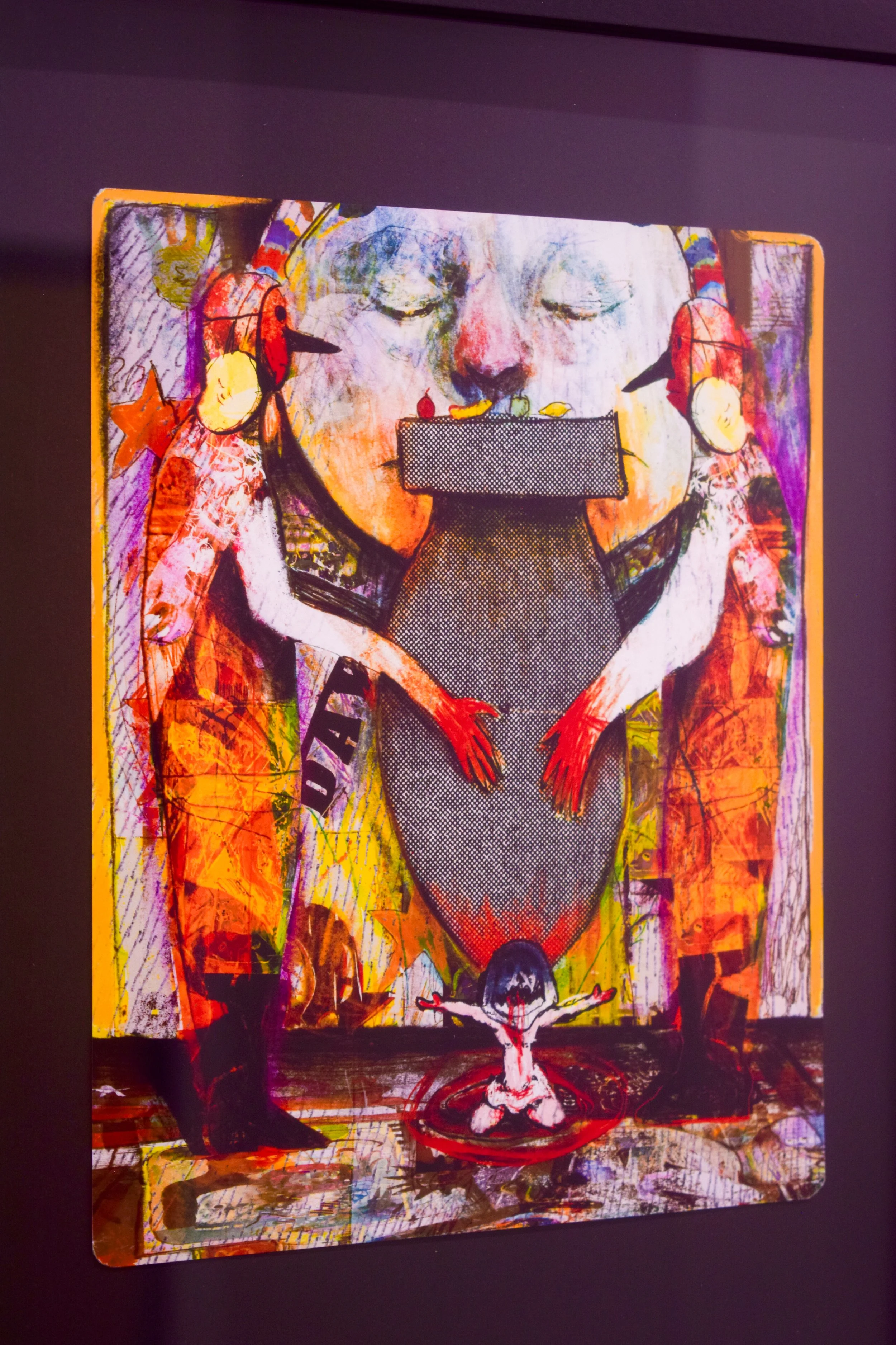 Artwork depicting a childlike figure with outstretched arms at the bottom, an abstract face with closed eyes above, and two humanoid figures on either side, surrounded by vibrant, chaotic colors and textures.