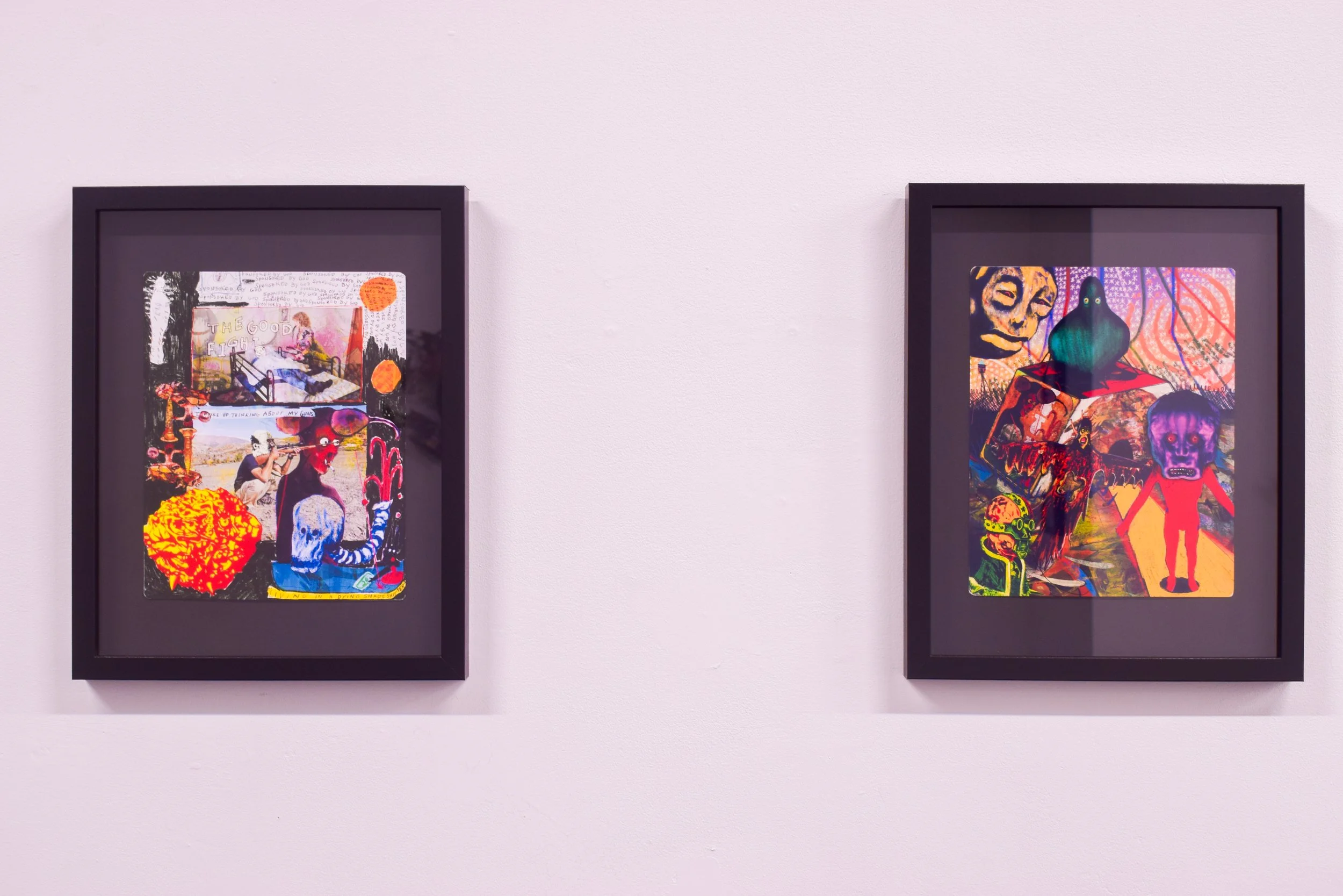 Two framed abstract collage-style artworks displayed on a white wall, each with vivid colors and surreal imagery.