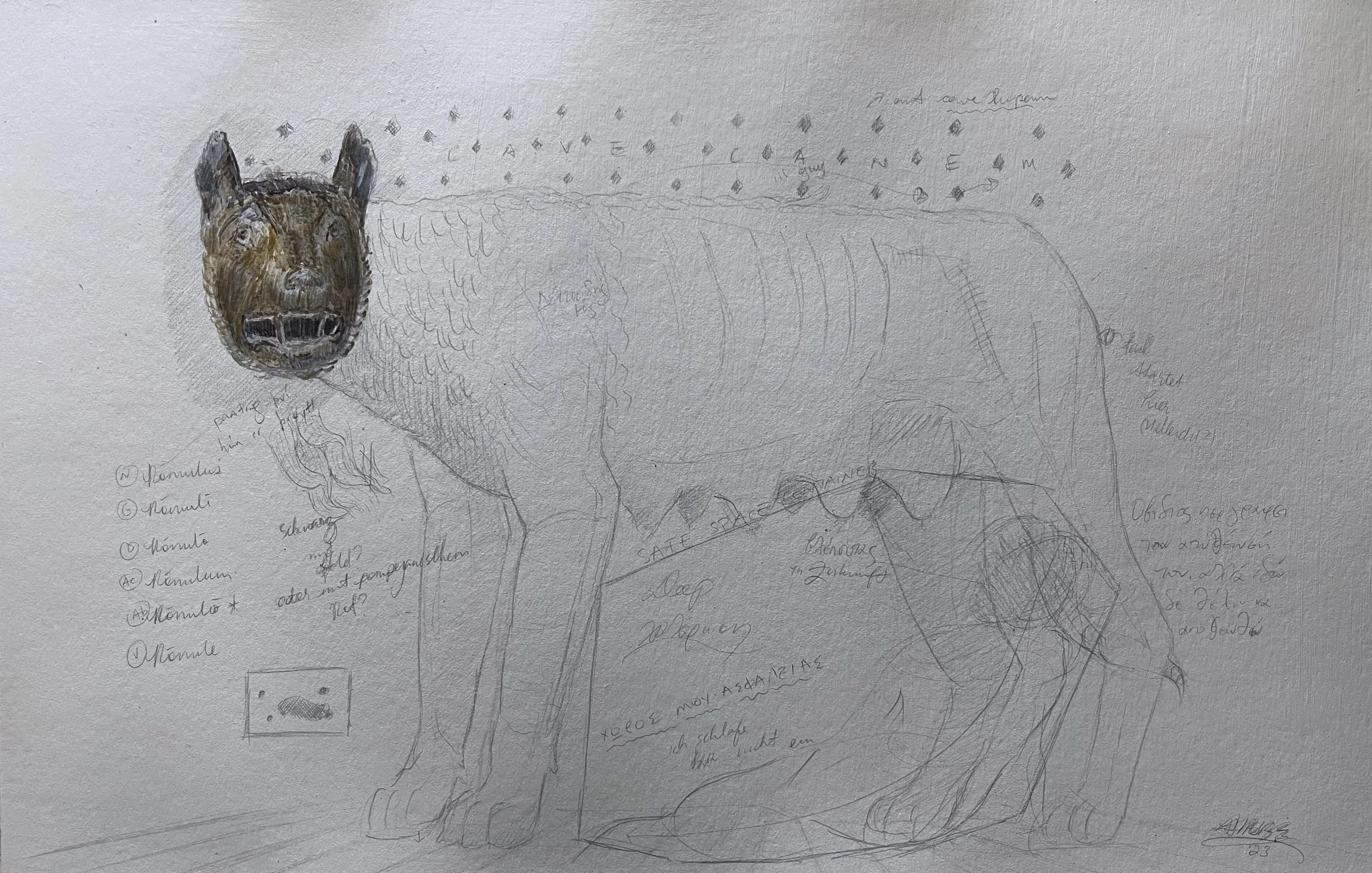  Σπουδή της Λύκαινας | Study of Lupa  24k goldpoint, silverpoint, and egg tempera on prepared paper, 23 × 30 cm (9 × 12 in.) 