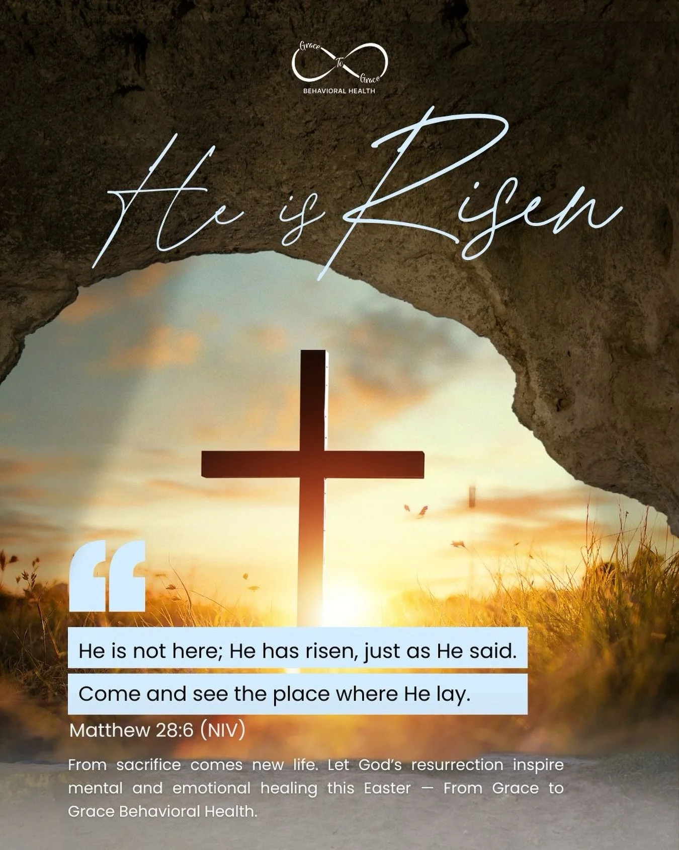 Resurrection means new beginnings. 

A reminder that no matter how heavy life feels, healing and hope are always possible. This Easter, choose growth, choose grace, choose you. 💙

#gracetogracebehavioralhealth #newbeginnings #mentalhealthmatters