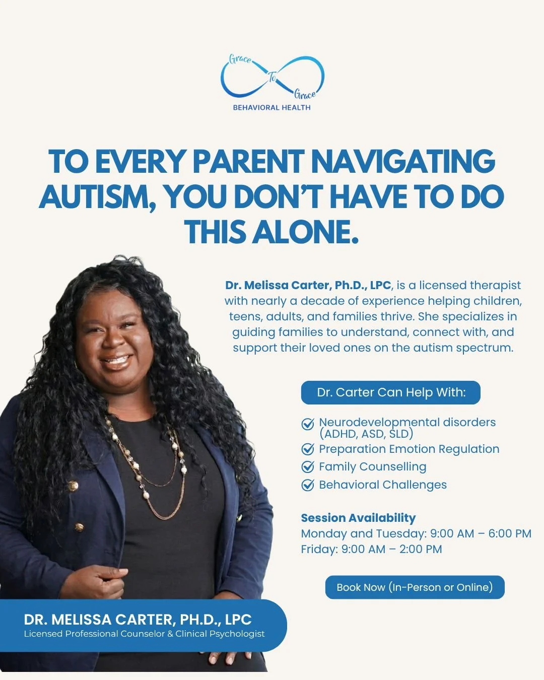 To every parent navigating autism, you don&rsquo;t have to do this alone.

Dr. Melissa Carter, Ph.D., LPC, is a licensed therapist with nearly 10 years of experience supporting children, teens, adults, and families. She helps families better understa