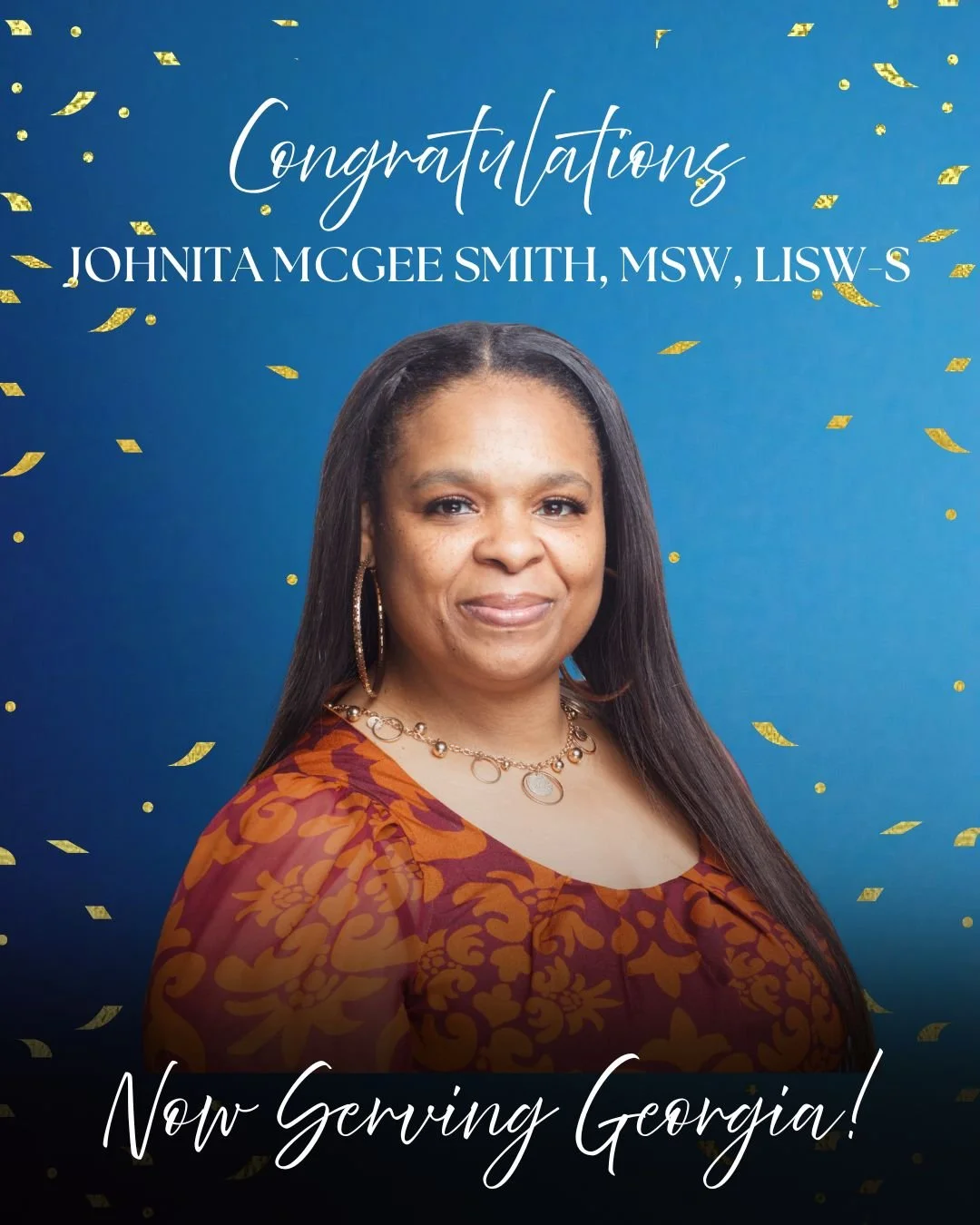Congratulations to Johnita Mcgee Smith, MSW, LISW-S! 

We&rsquo;re excited to share that Johnita is now officially licensed in the state of Georgia 🎉👏

Her dedication, hard work, and passion for serving the community have made this milestone possib