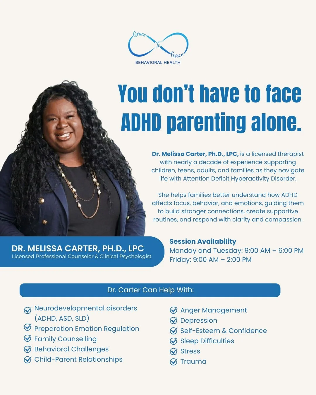 Dr. Melissa Carter helps parents better understand and support children living with Attention Deficit Hyperactivity Disorder.

She focuses on what&rsquo;s beneath the behavior, helping families respond with greater clarity, patience, and connection r