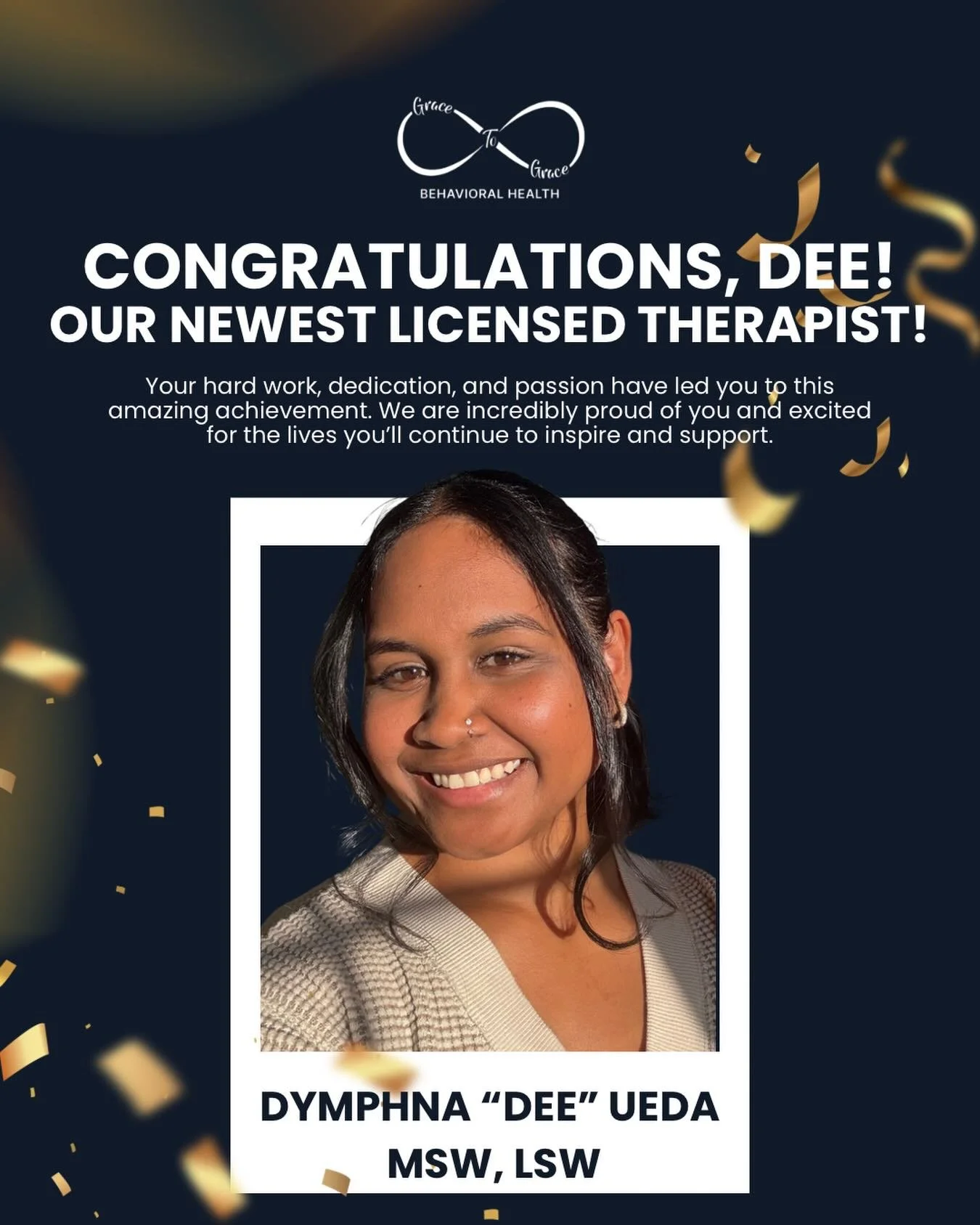 Congratulations, Dee! Our newest Licensed Therapist! 🫶🏼

Your dedication, compassion, and hard work have led to this wonderful milestone, and we are so proud to celebrate this achievement with you. 💙

Dee is now available for both online and in-pe