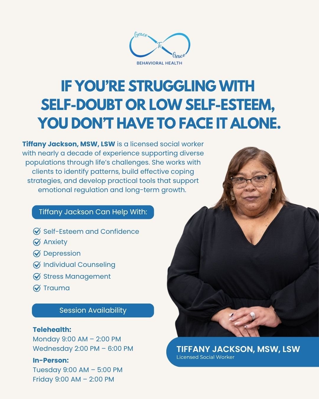 If you&rsquo;re struggling with self-doubt or low self-esteem, you don&rsquo;t have to carry it on your own. 🤍

Tiffany Jackson provides a safe space to help you understand your thoughts, rebuild confidence, and support your emotional healing at you