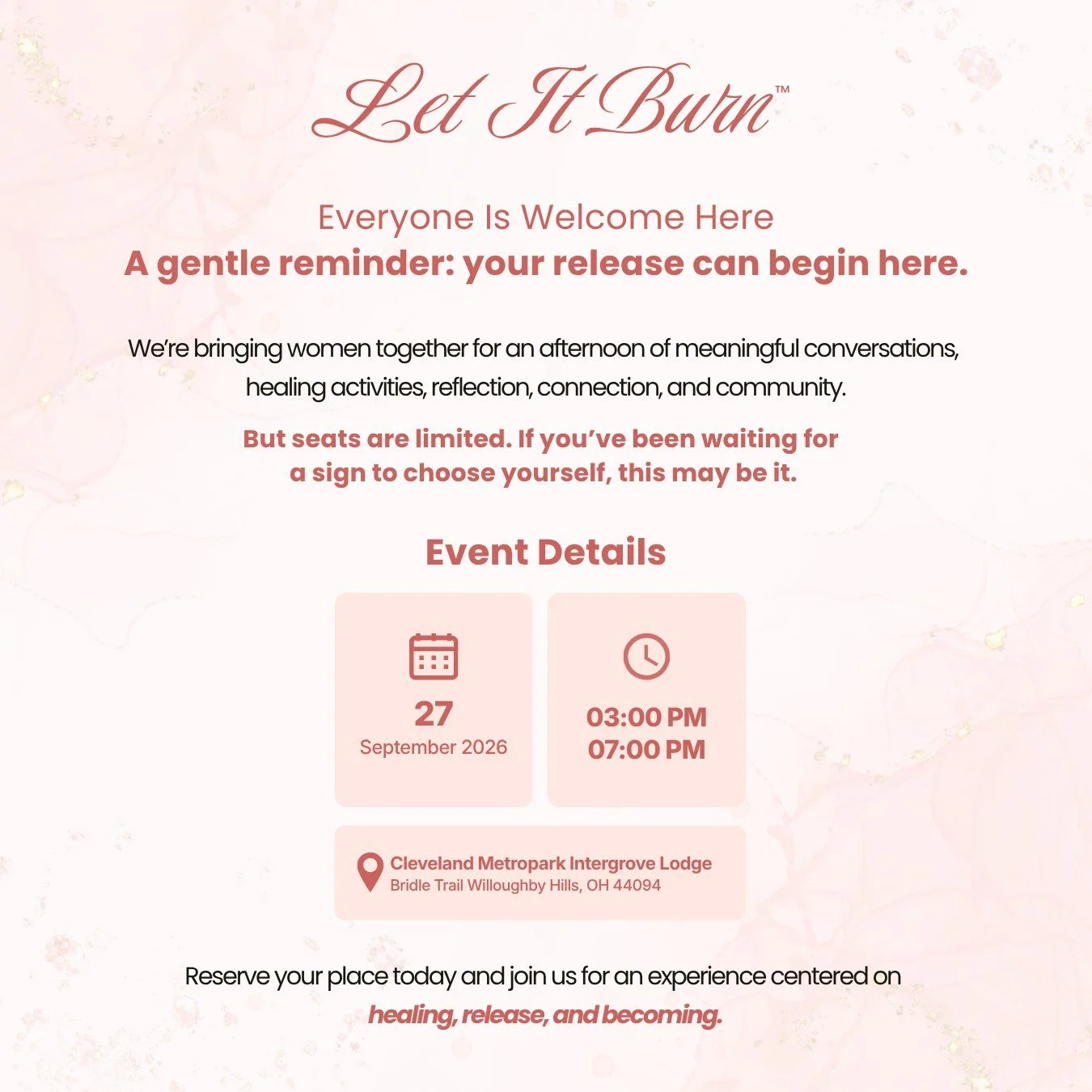 EARLY BIRD SEATS ARE LIMITED!

Your seat at Let It Burn&trade; is waiting, but not for long. ⏳

If you&rsquo;ve been feeling the need to release, reset, and finally let go of what no longer serves you, this is your sign.

Sunday, September 27, 2026
?