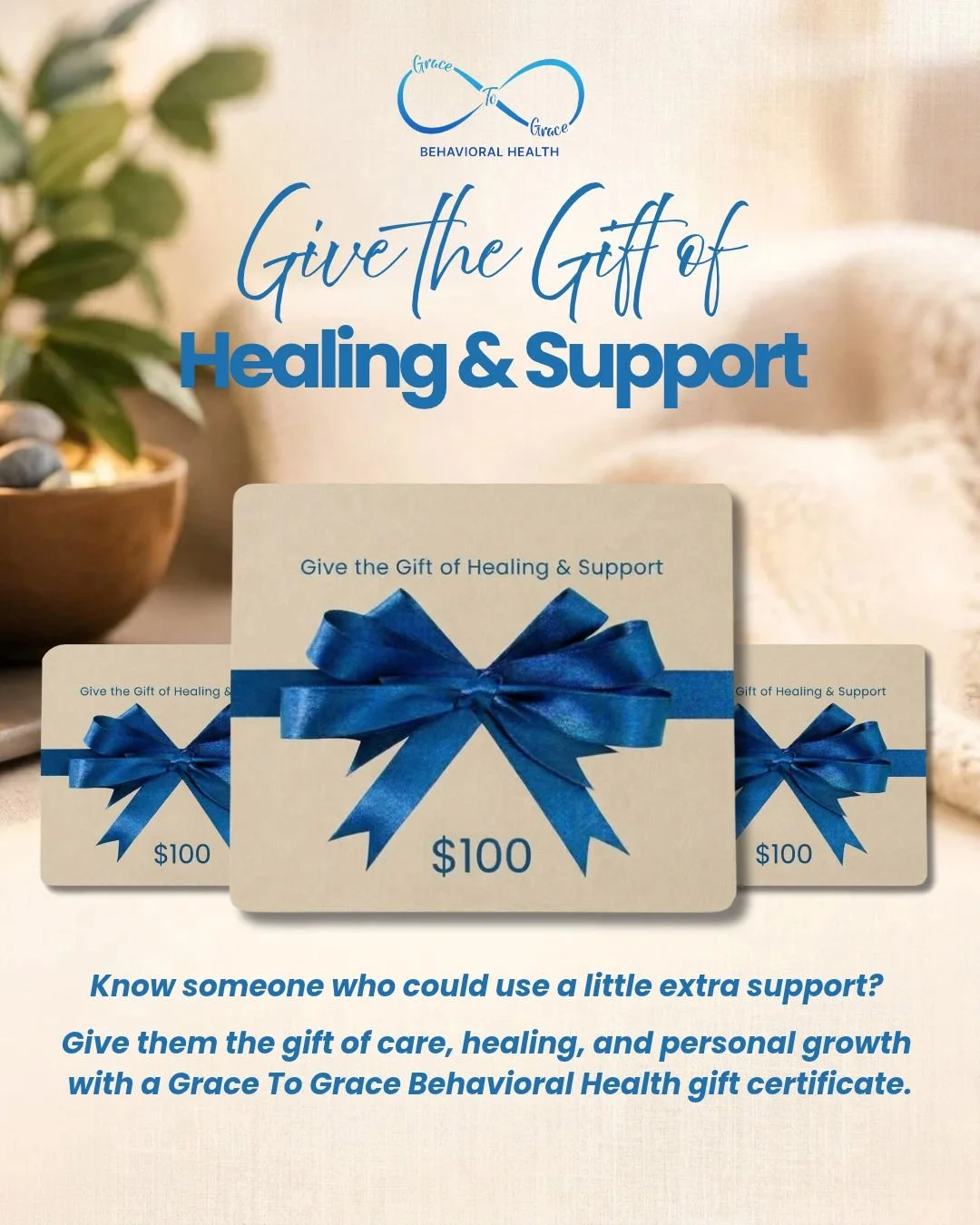 Give a gift that truly lasts. 💙

Know someone who could use a little extra support?

Give them the gift of self-care, healing, and personal growth with a Grace To Grace gift certificate. 

Give hope. Give support. Give grace.

#GiftOfHealing #Mental