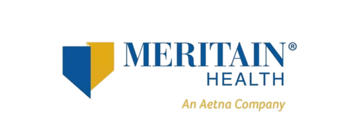 Meritain Health logo with a shield icon, featuring blue and yellow colors.