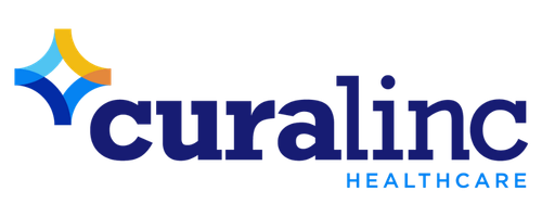 Curalinc Healthcare logo with blue and orange design elements.