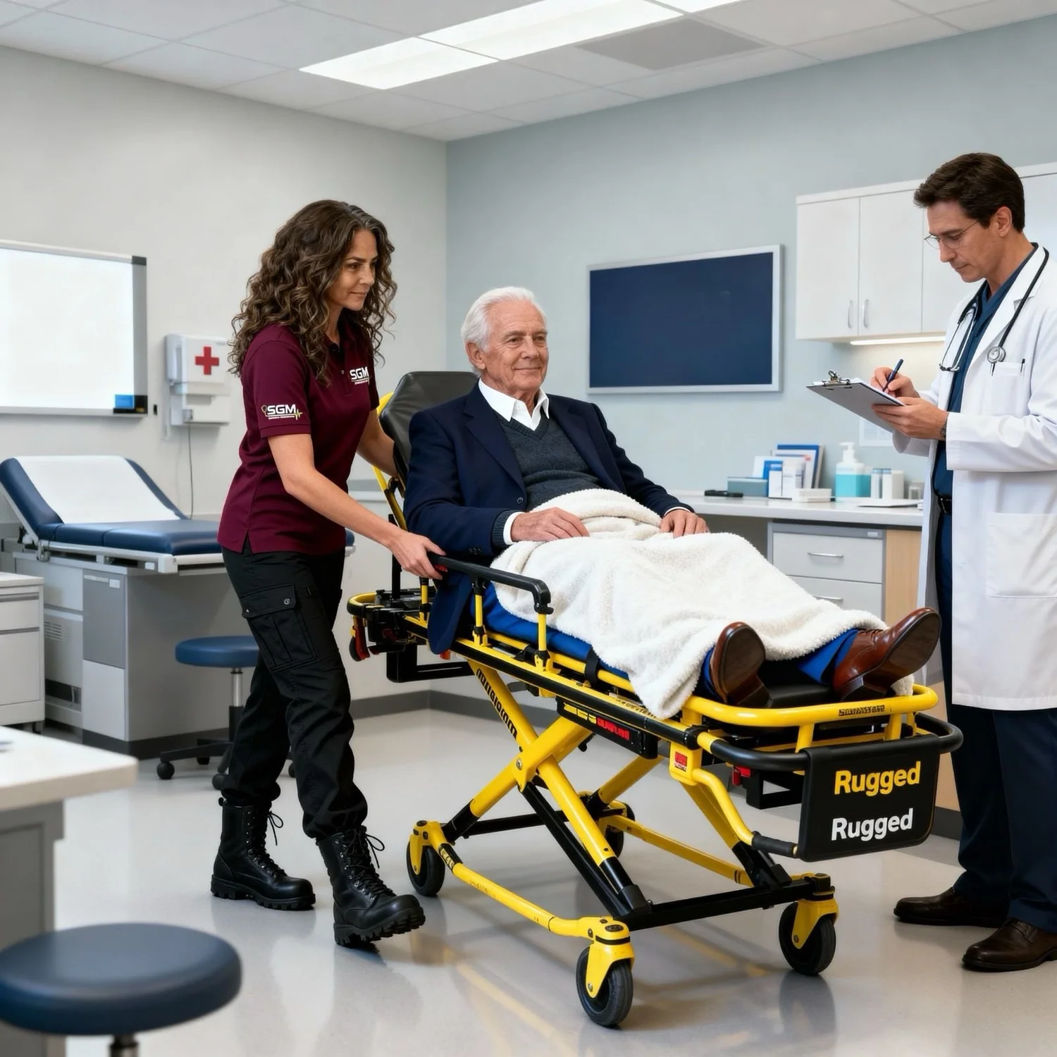 SGM Medical Transport driver and doctor assisting senior man on gurney – Premium Gurney Transport San Diego.