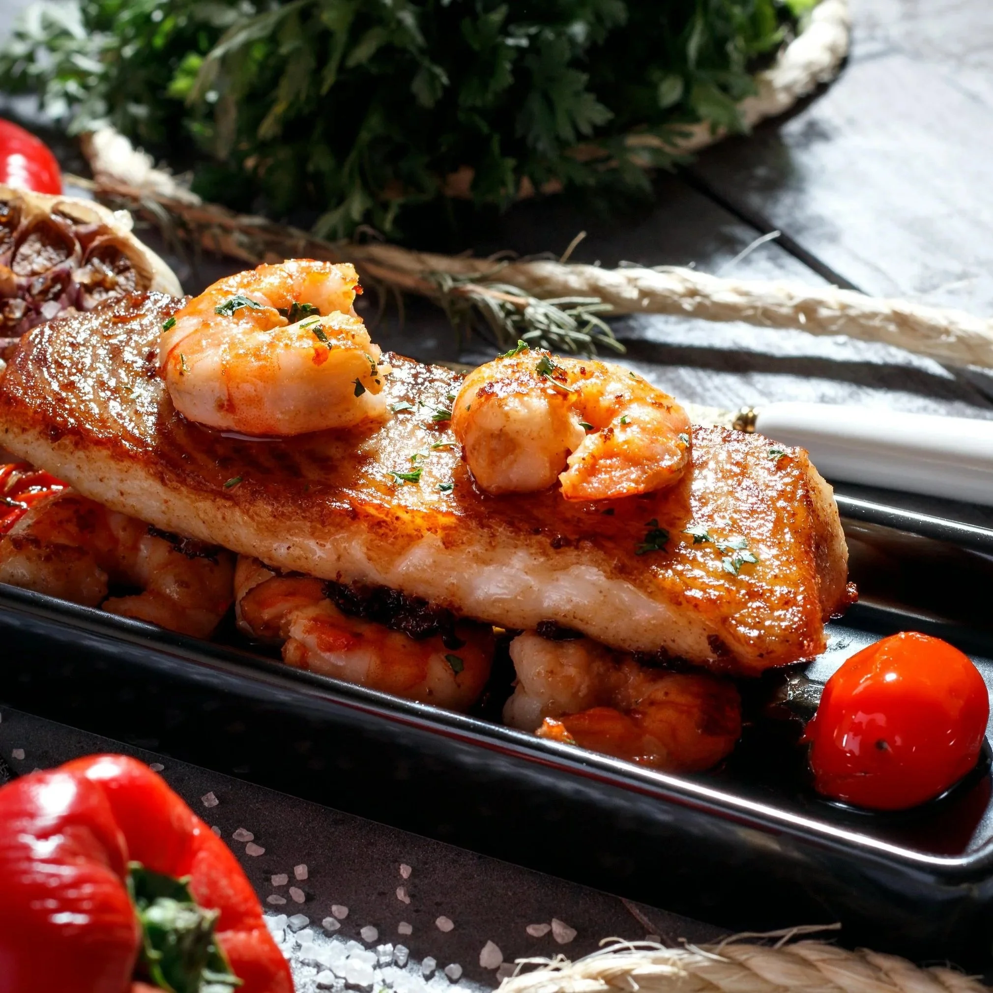 Close-up of cooked shrimp garnished with lemon slices and microgreens.