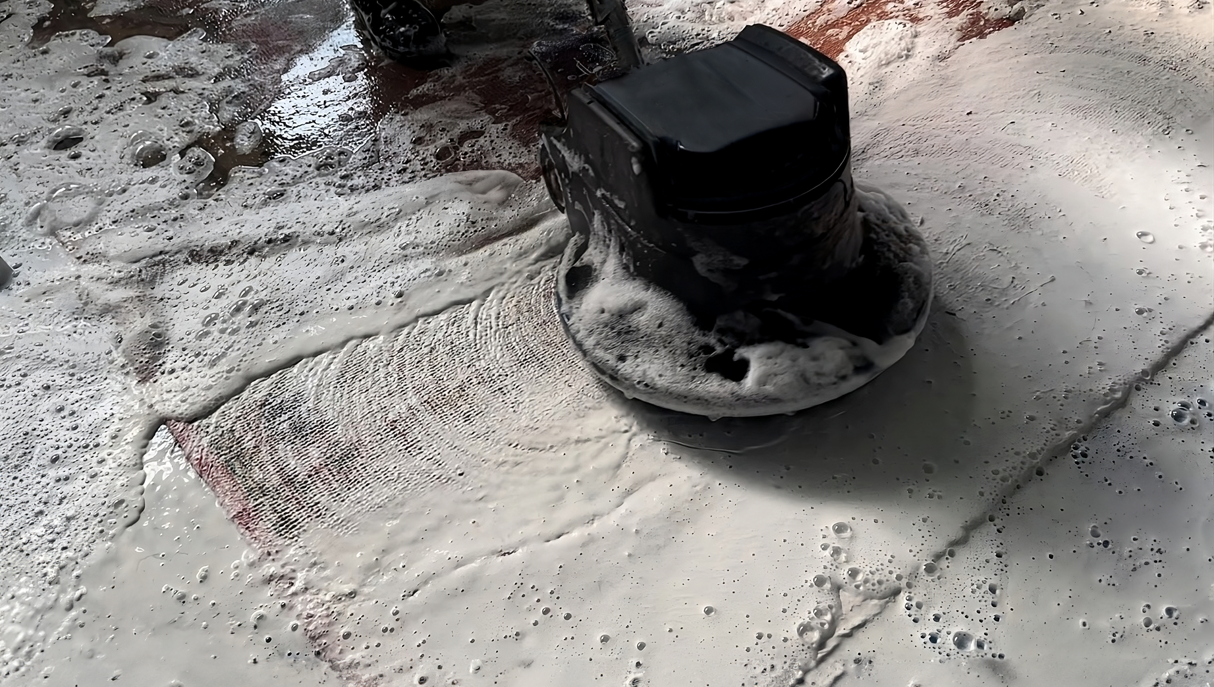 Professional carpet cleaning machine washing a rug with foam and water