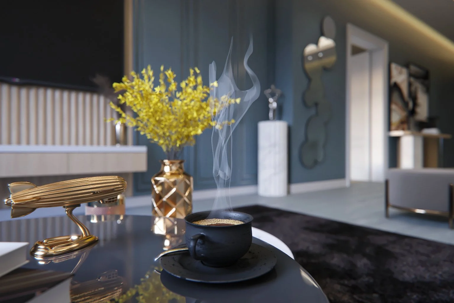 A modern living room with a black table holding a steaming cup of coffee, a gold decorative airplane, and a gold vase with yellow flowers. Background features a dark wall, a mirror, and artwork.