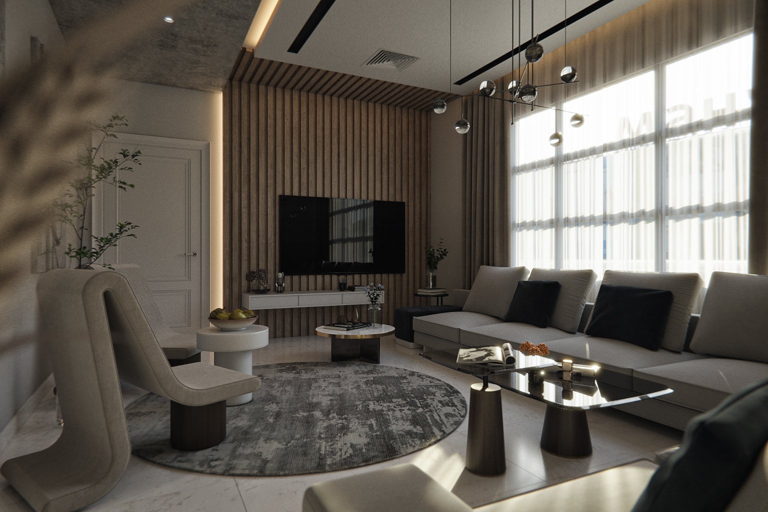 Photorealistic 3D interior render of an Adelaide residential living room featuring a backlit timber slat feature wall, sculptural pendant chandelier, grey sectional sofa and marble tile flooring under natural afternoon light — by Sinan Designs