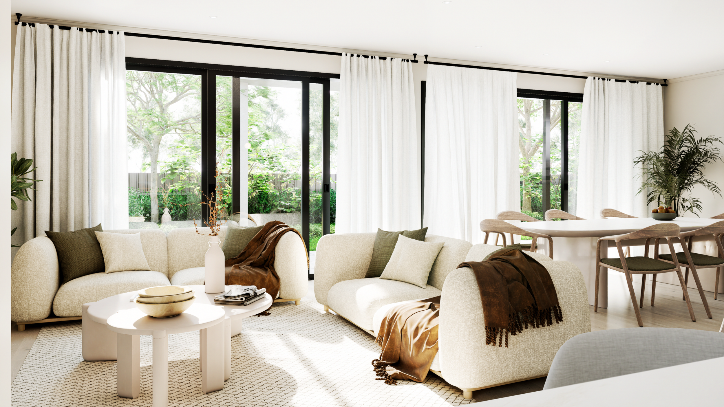 Photorealistic living room render with sectional sofa and glass doors, Adelaide interior, rendered by Sinan Designs