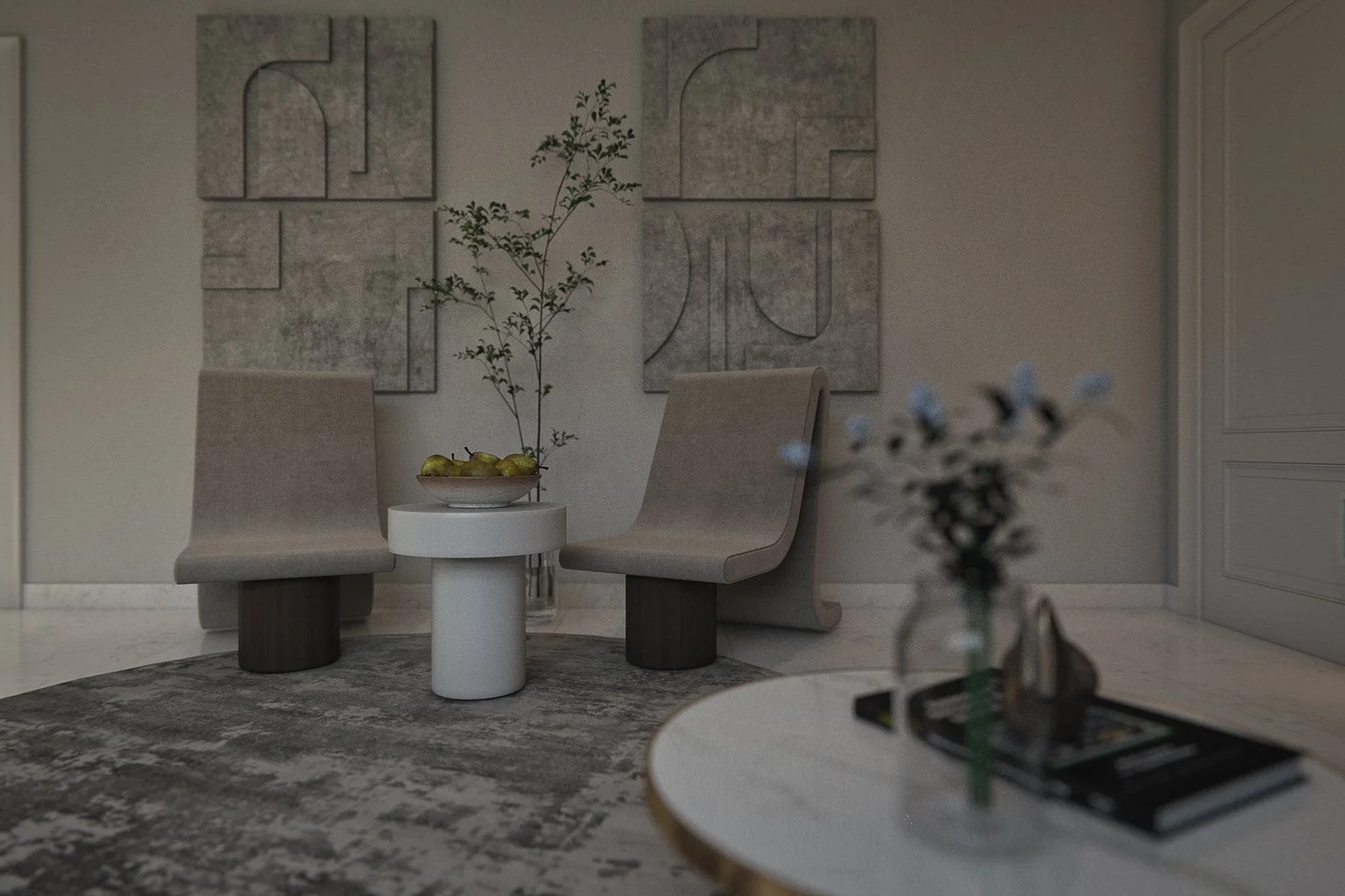 Close-up 3D render detail of two curved lounge chairs and a round side table set against bas-relief concrete wall panels — interior visualisation for an Adelaide private residential project by Sinan Designs