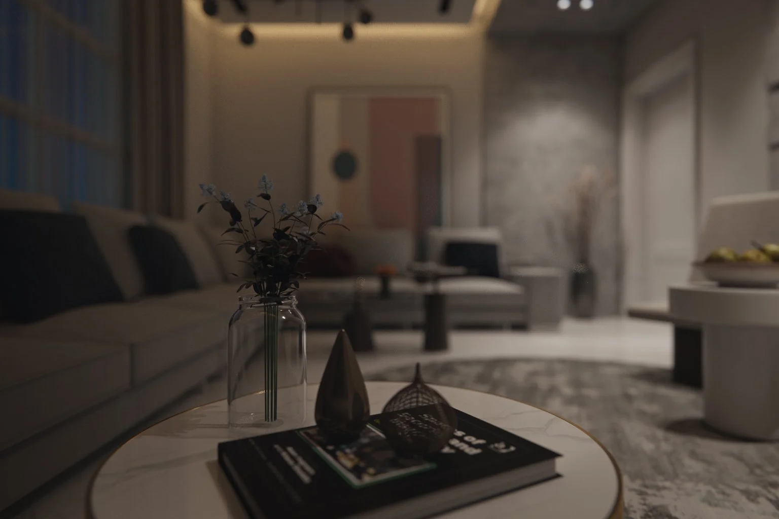 Night-time seating detail within a residential living room visualisation in Dubai