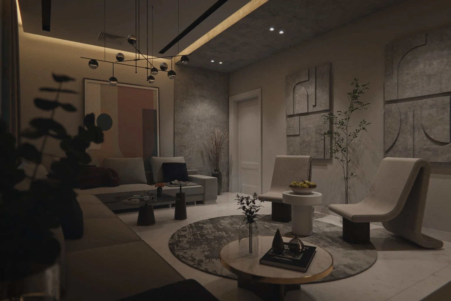 Moody night interior render of an Adelaide residential living room with warm artificial lighting, sculptural pendant chandelier, abstract artwork and bas-relief wall panels — 3D visualisation by Sinan Designs