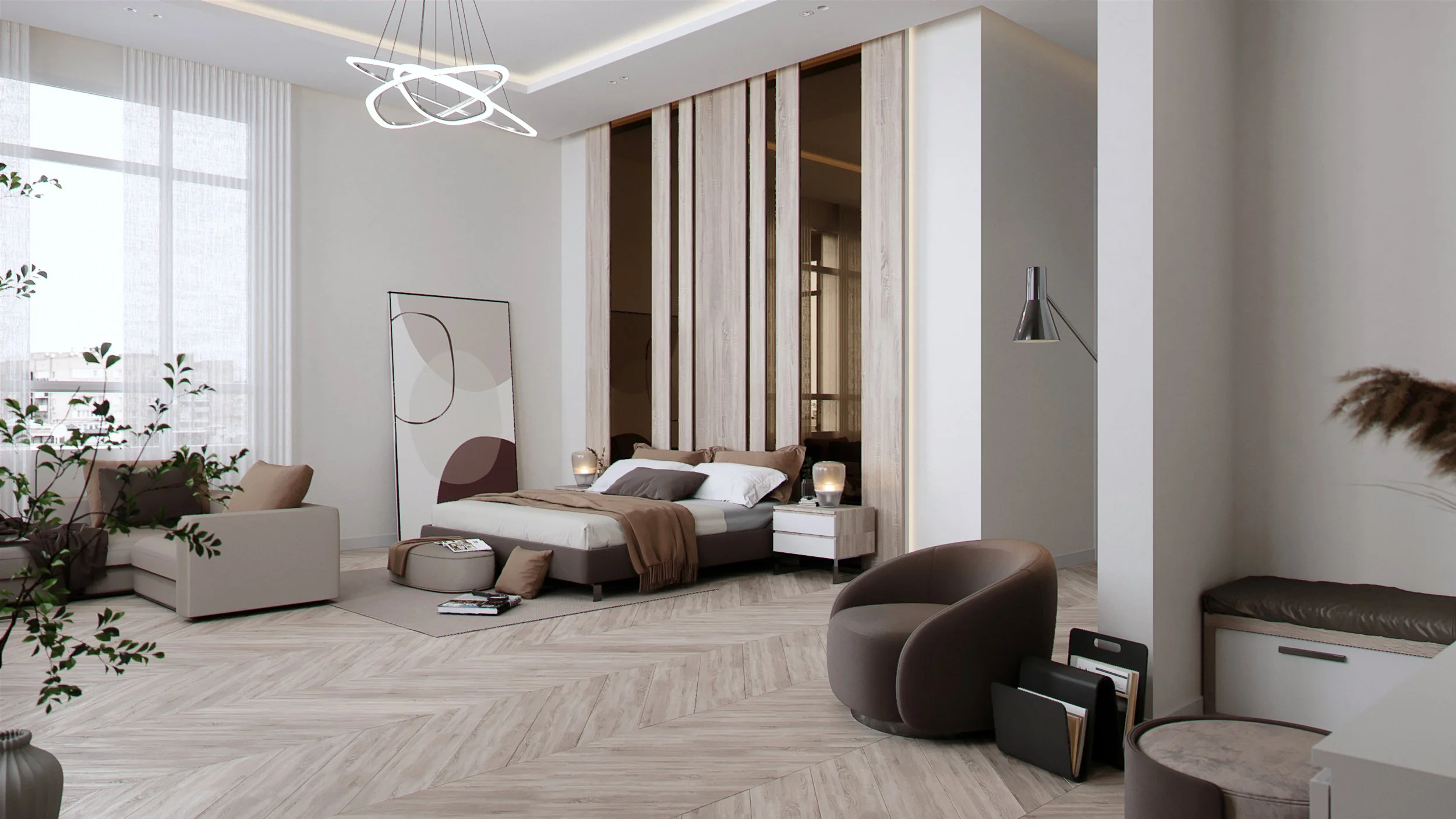 Master bedroom with armchair, lamp, painting and accessories.