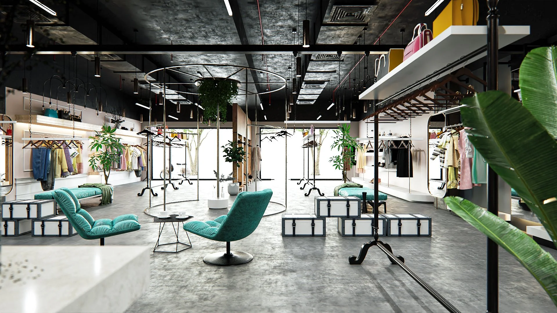 View toward the boutique reception and fitting area within a photorealistic retail design render