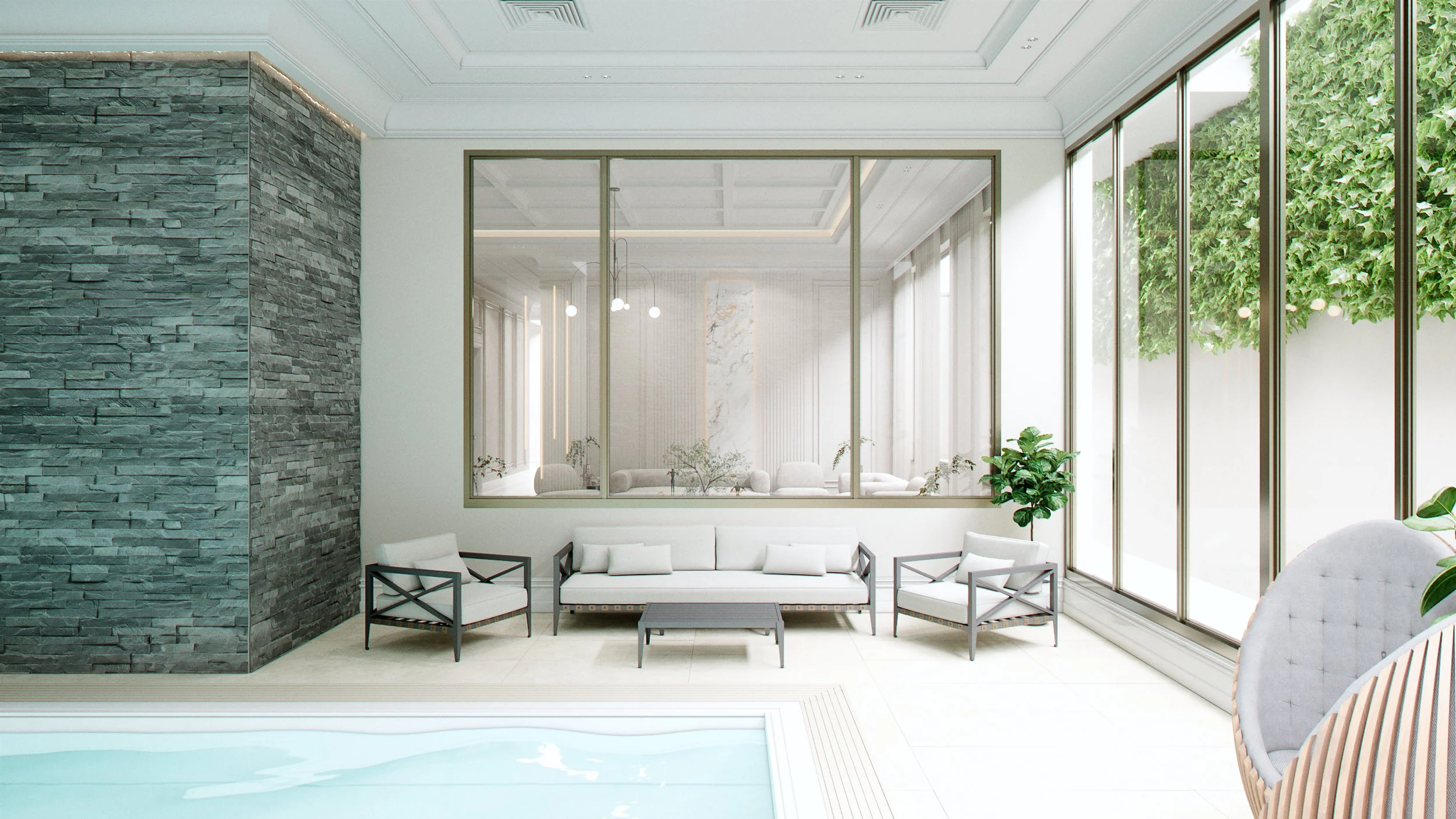 Luxury poolside seating area render connected to the interior living space