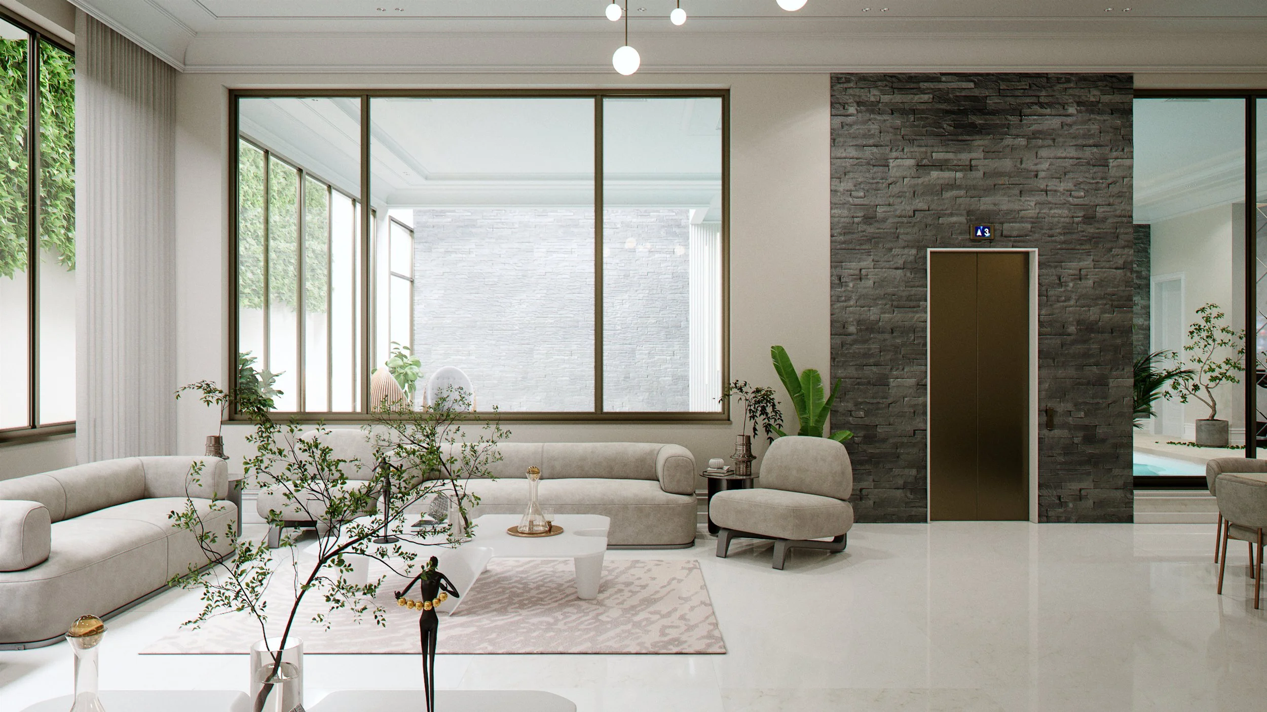 Luxury interior render showing the lounge area, large windows and stone feature wall in a Kuwait residence