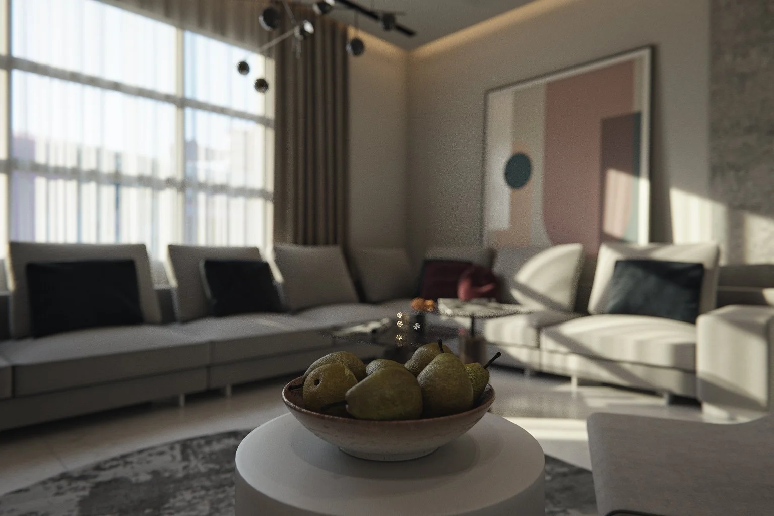 Interior detail render of a fruit bowl on a side table with the living room softly blurred in the background