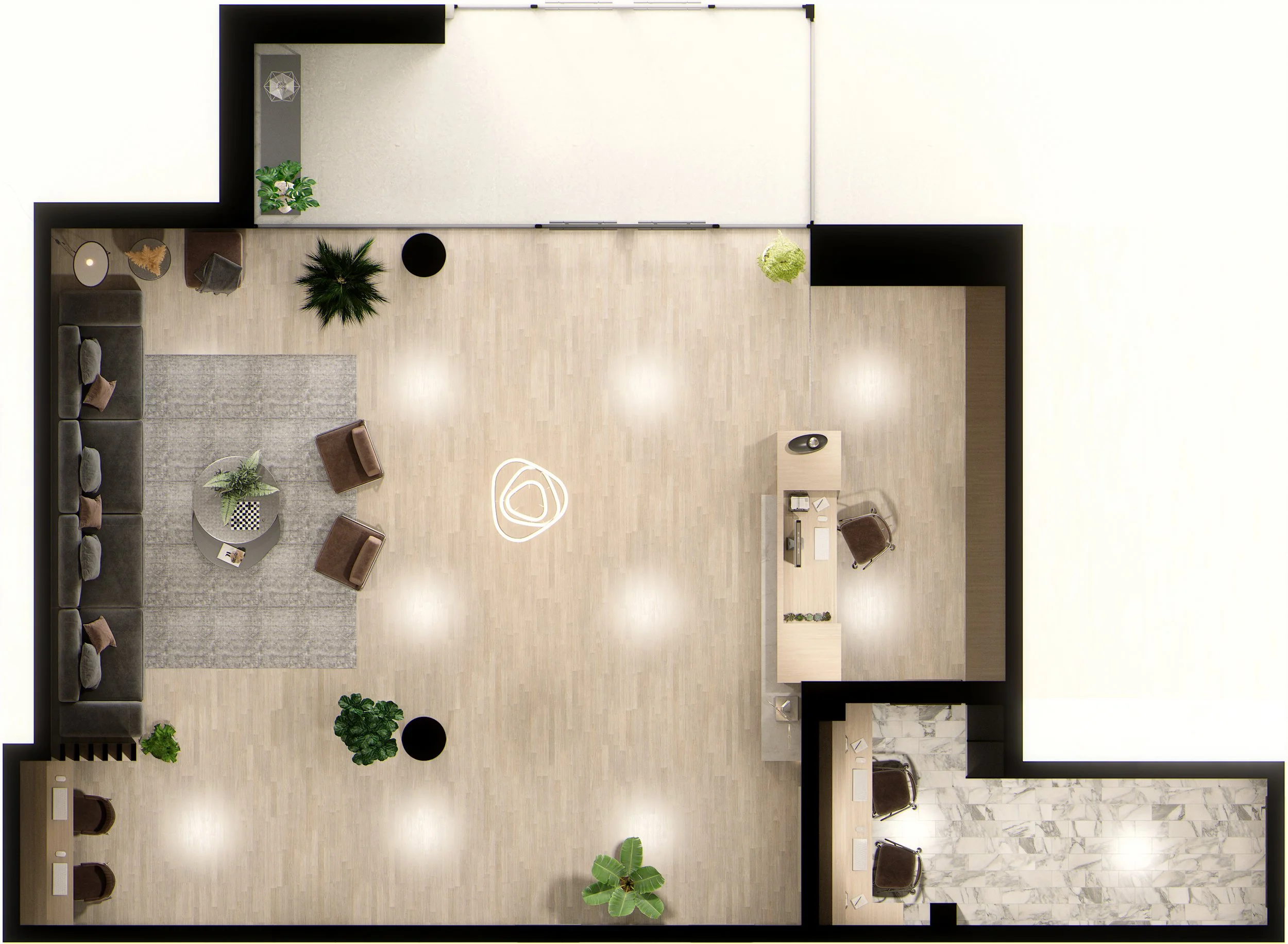 Interior detail render of the built-in computer station within the renovated hotel lobby