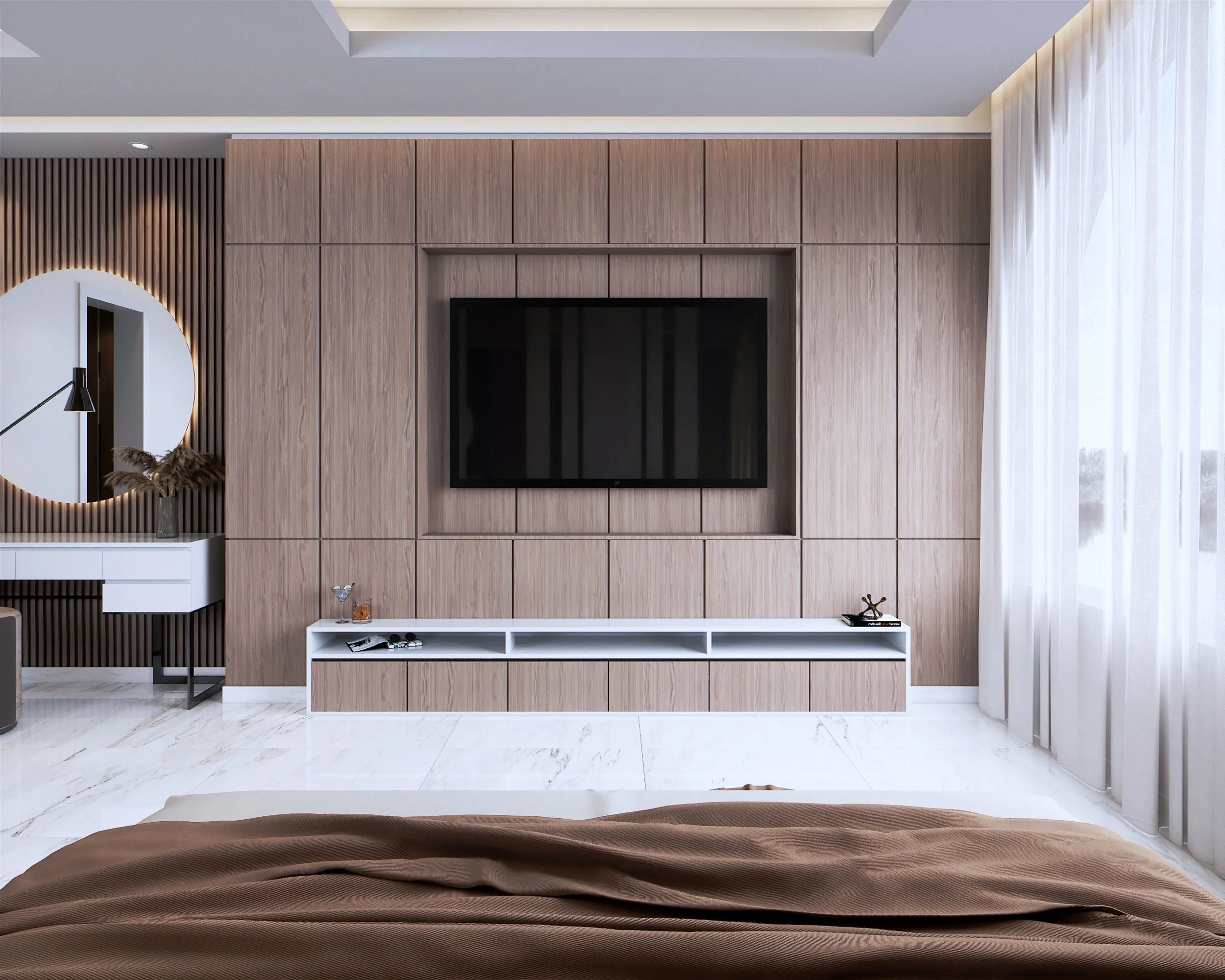 Photorealistic master suite visualisation in Kuwait showing the bedroom, TV wall and soft neutral materials