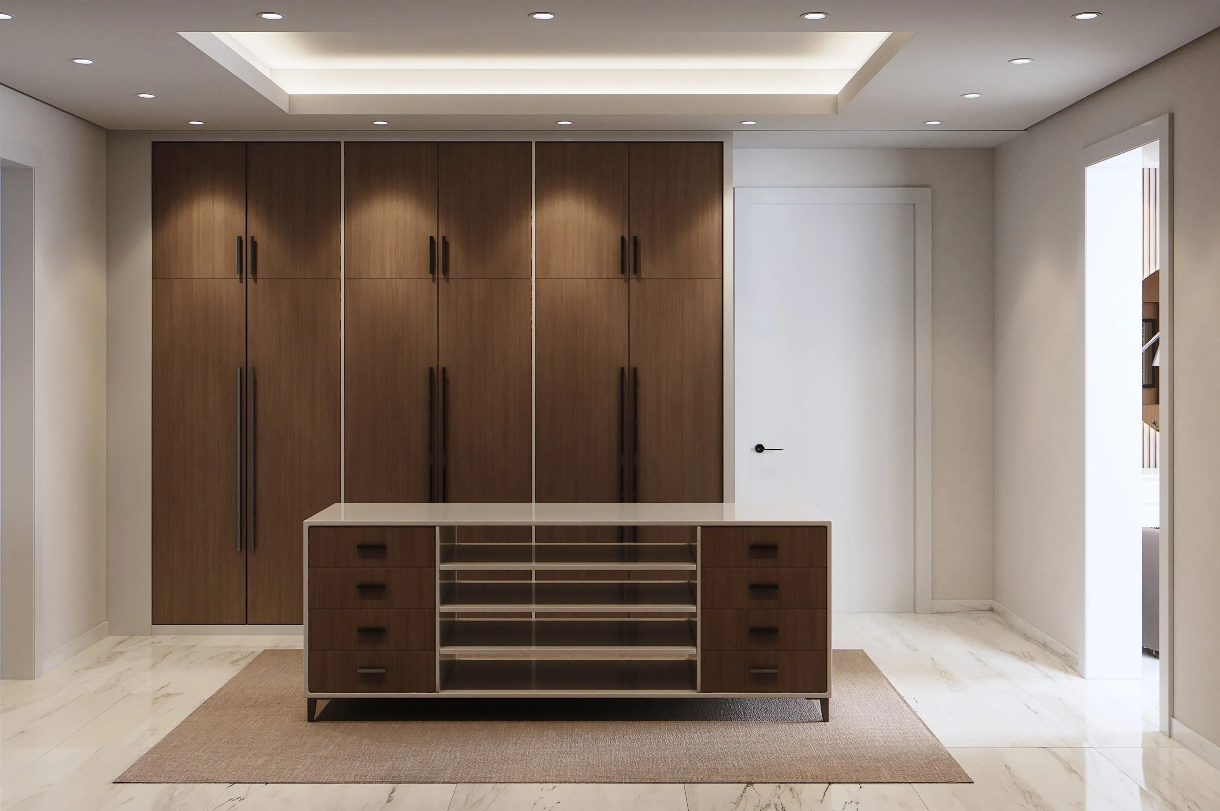 Walk-in wardrobe render with central storage island and dark timber cabinetry