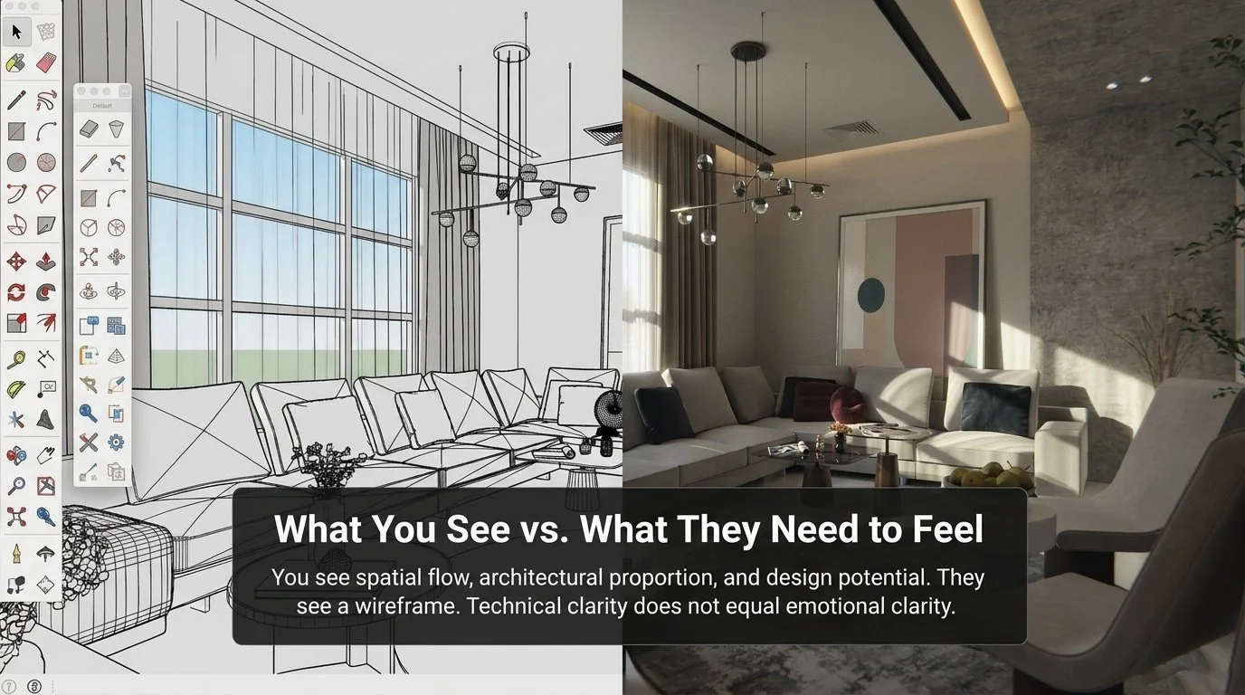 Interior design mood board versus photorealistic 3D render comparison for client presentation