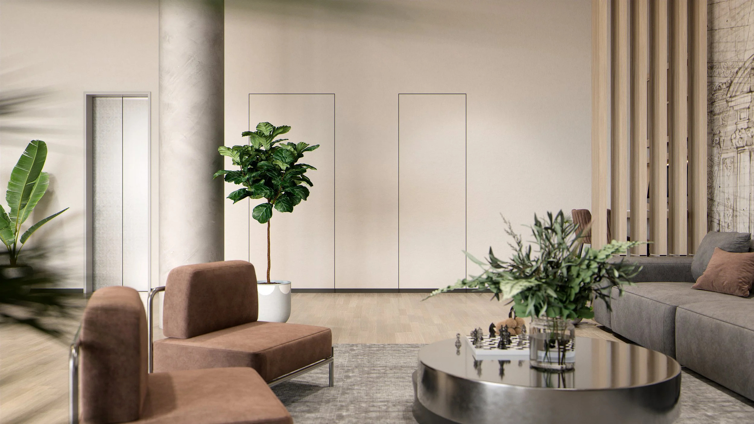 Hotel lobby render showing lounge seating, heritage mural wall and contemporary furniture design