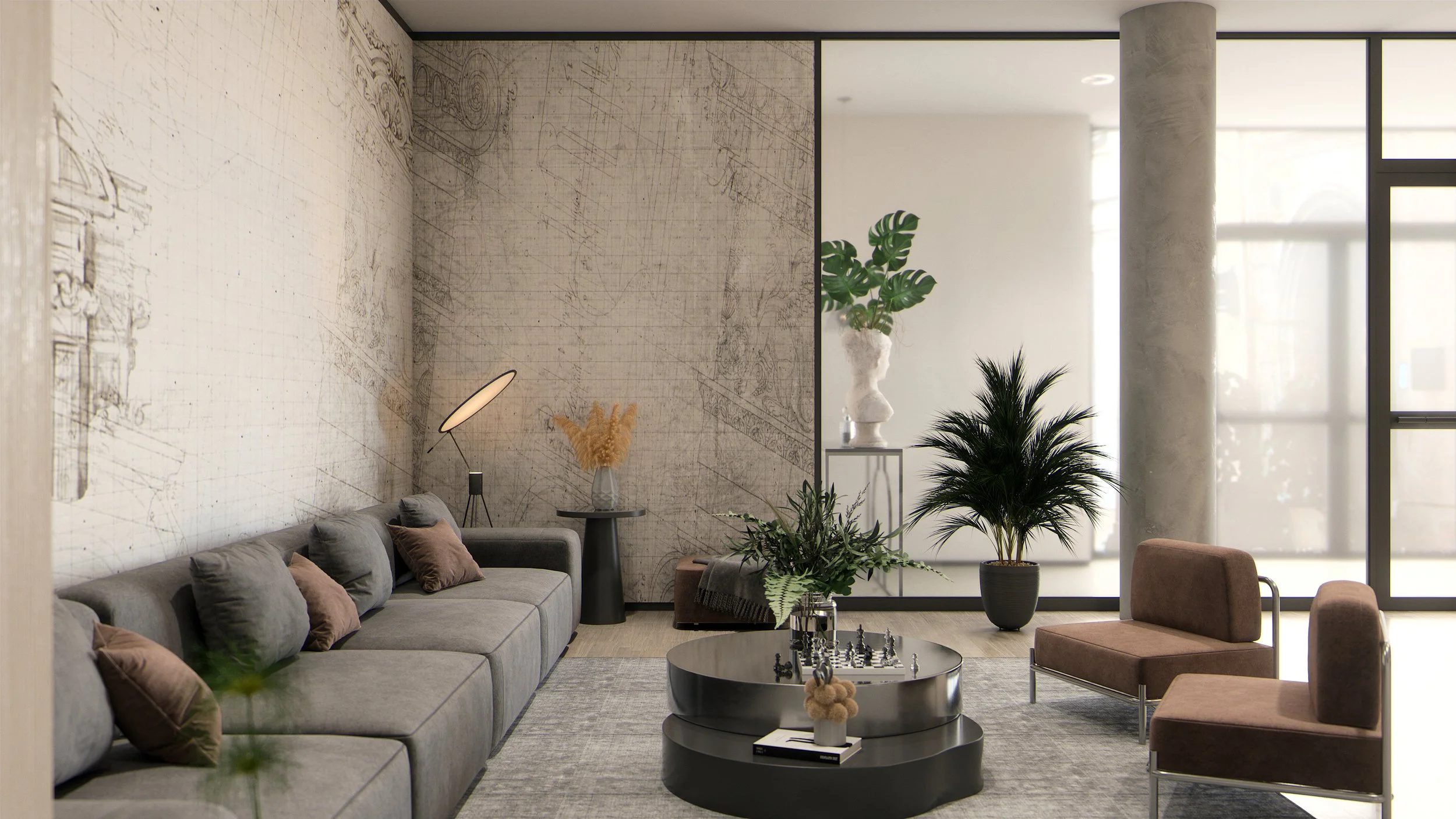 lounge hotel area with sofa, chair, table and reception desk