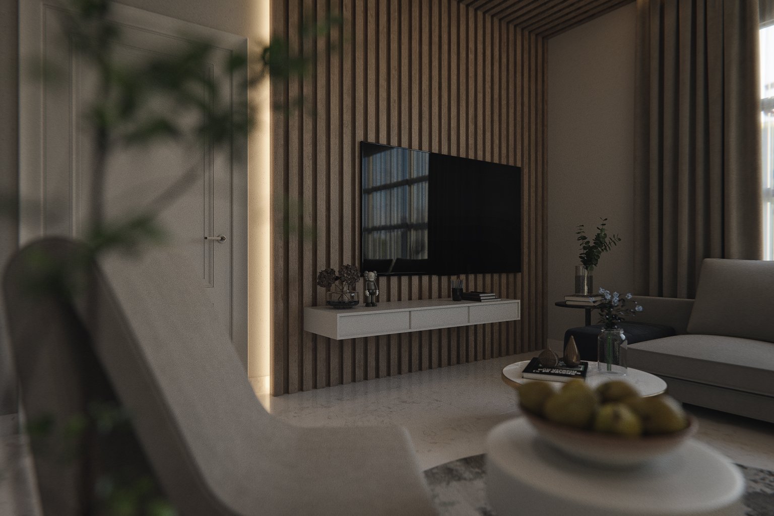 Detail render of a backlit timber slat feature wall with floating TV unit in an Adelaide residential living room — 3D interior visualisation showing warm timber and soft uplighting by Sinan Designs