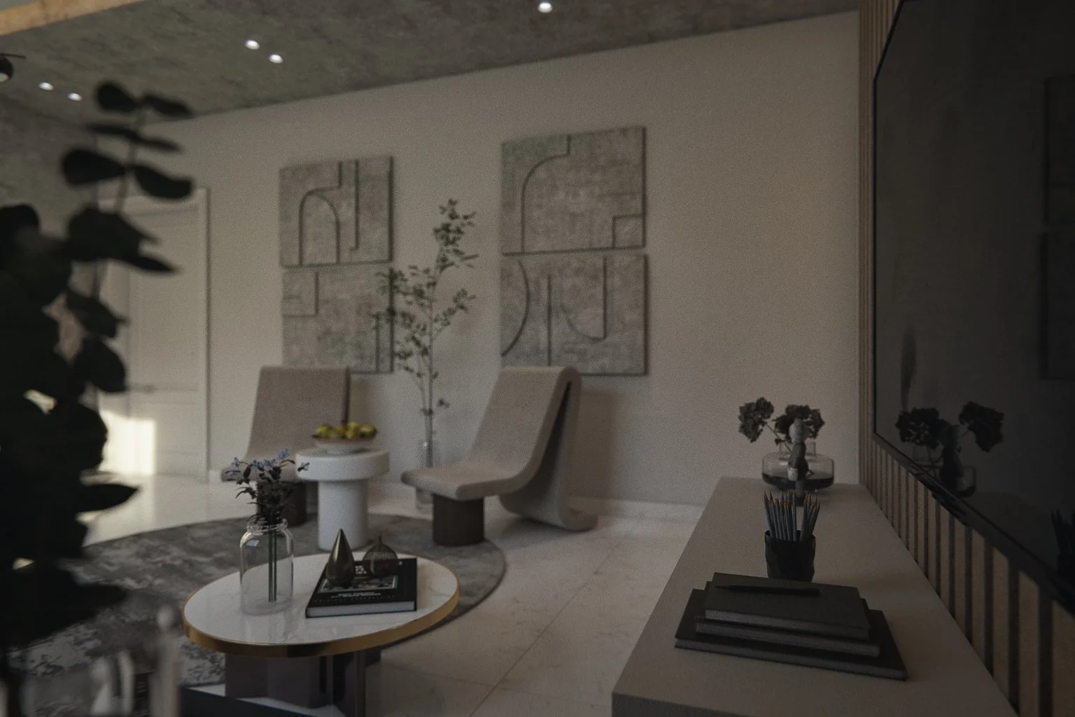 Interior render showing lounge chairs and side table within a softly lit daytime living room