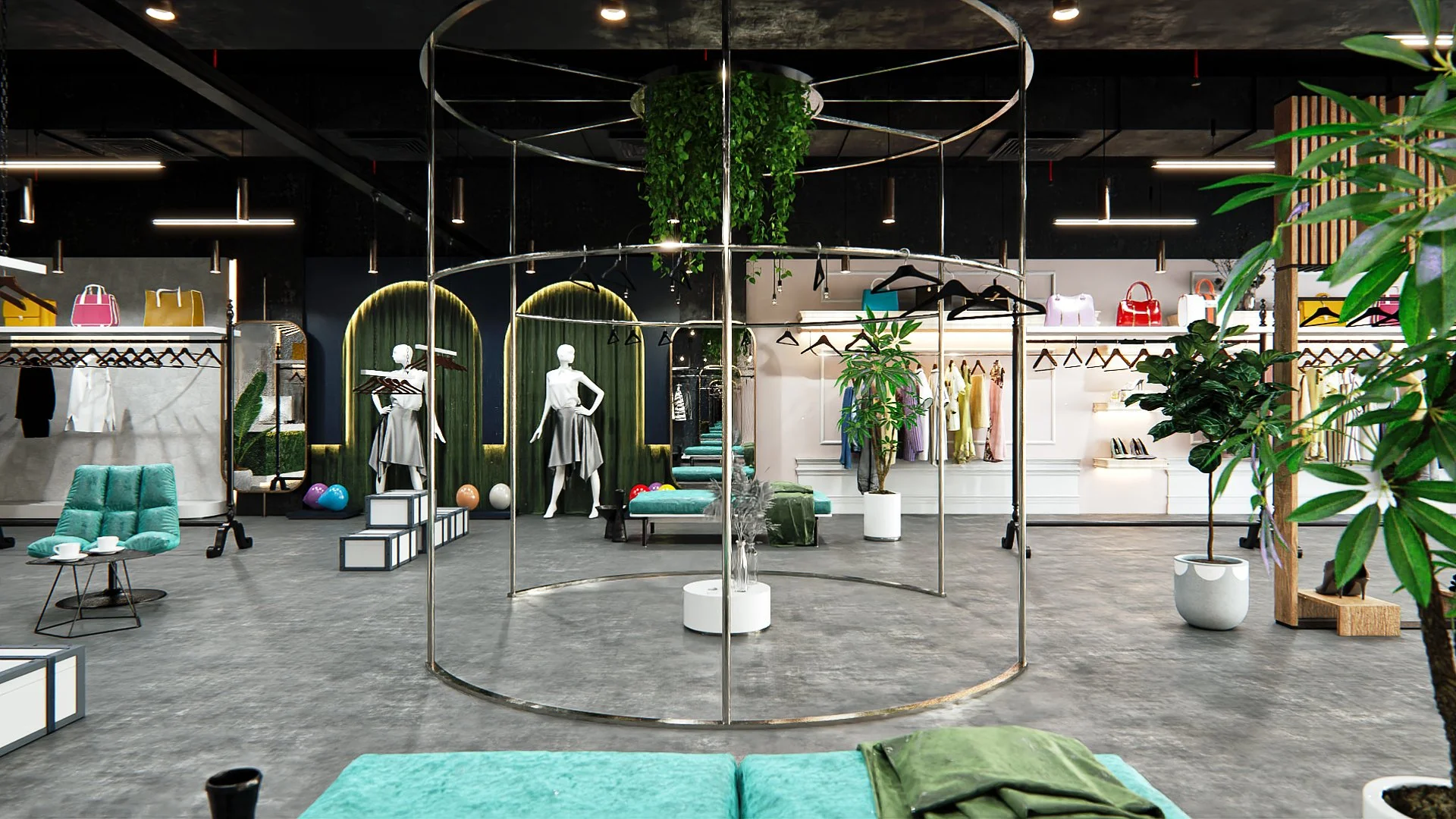 Photorealistic boutique interior render showing the central display structure and customer circulation space