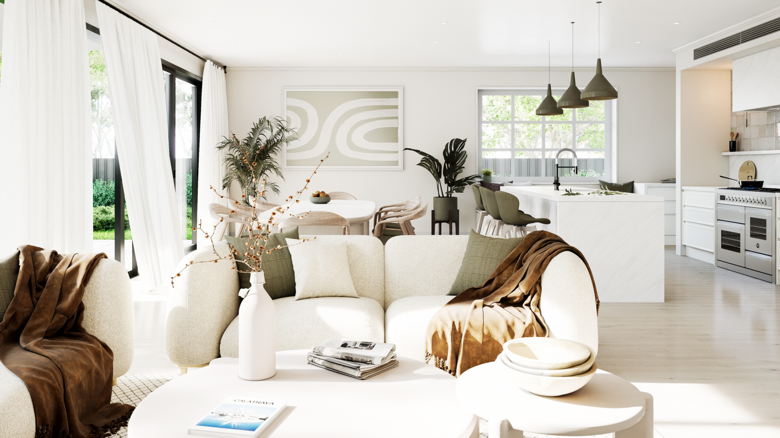 Photorealistic living and kitchen render showing open-plan flow, Adelaide interior, rendered by Sinan Designs