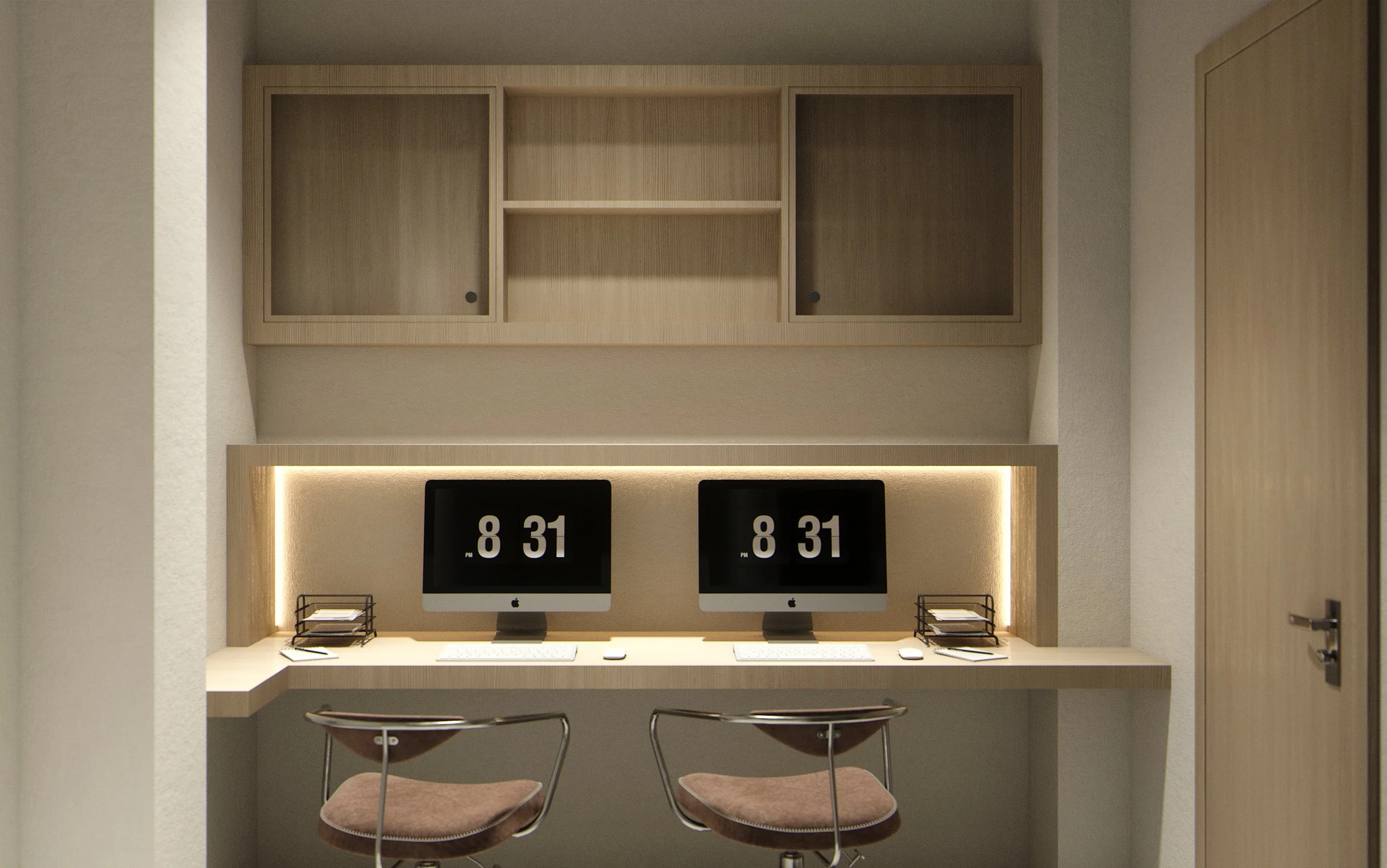 Wide photorealistic render of a renovated hotel lobby combining contemporary design with heritage character