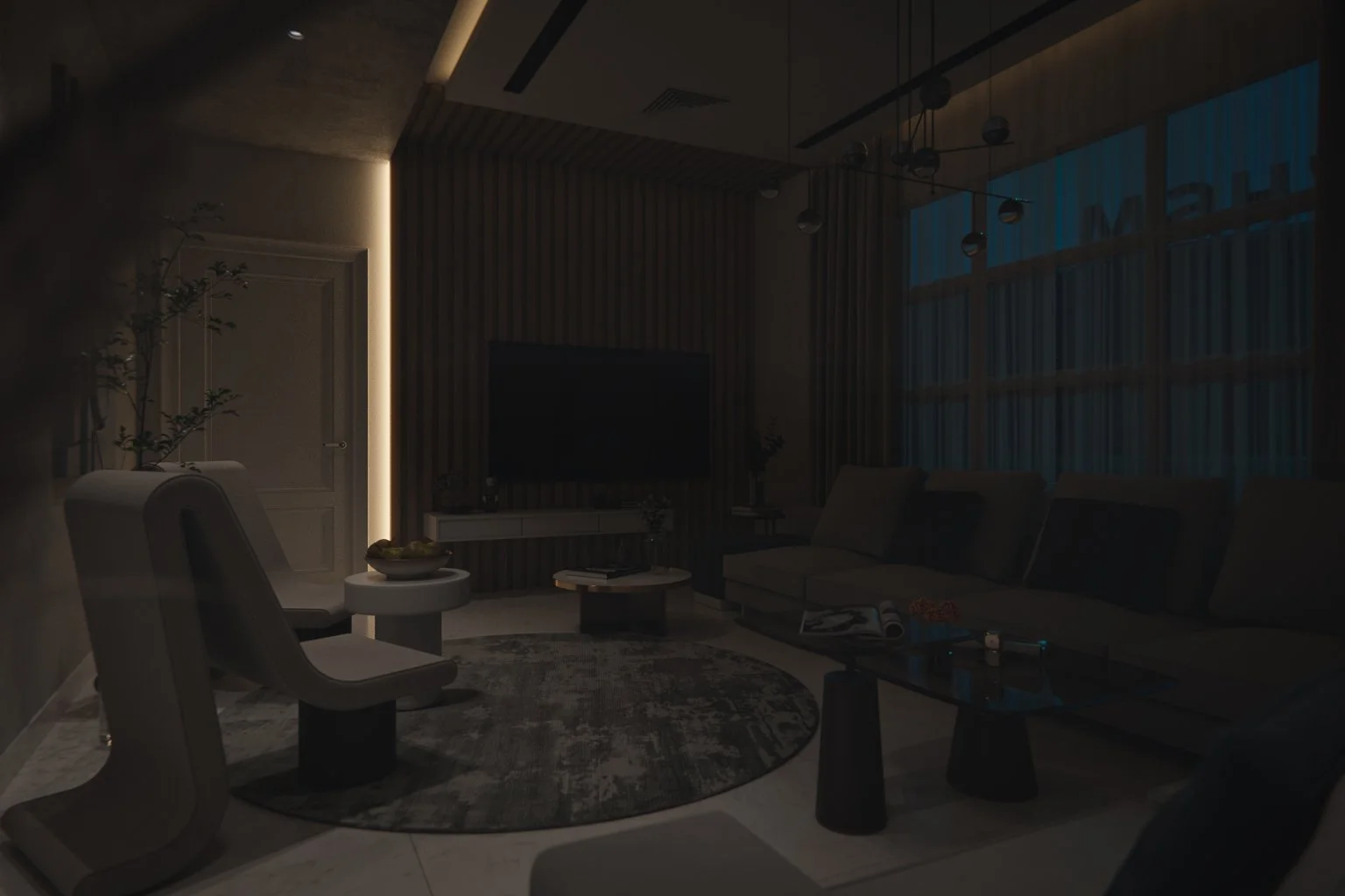 Atmospheric night render of an Adelaide residential living room showing the warm backlit timber slat feature wall and soft ambient ceiling light at dusk — 3D interior visualisation by Sinan Designs